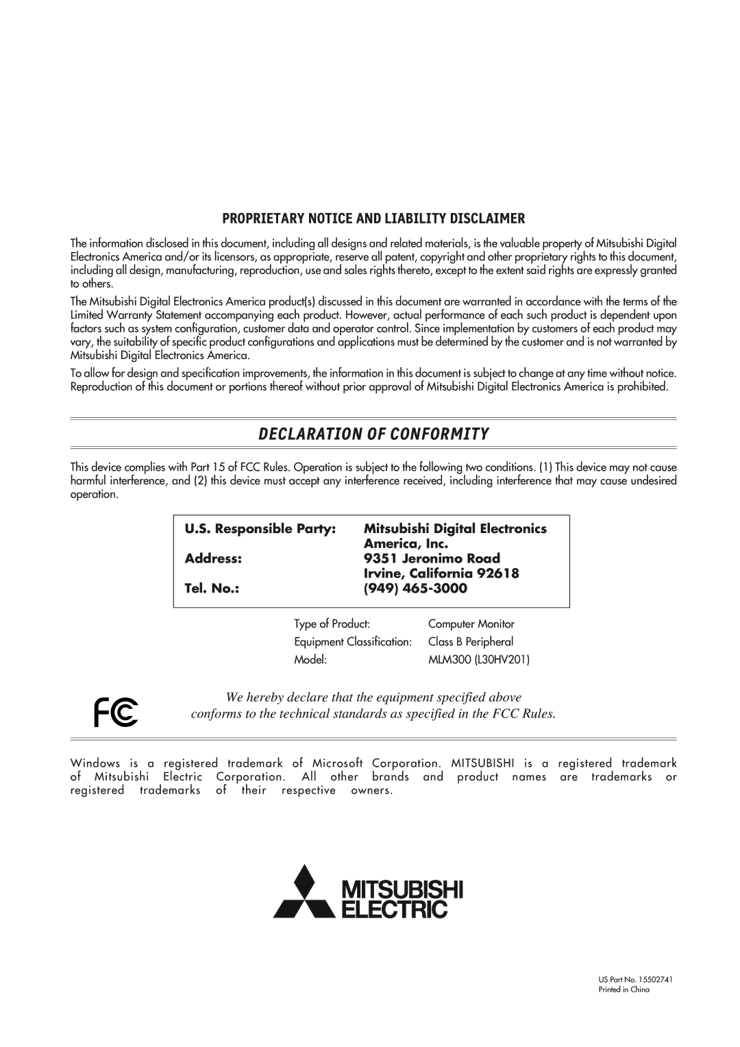 Mitsubishi Electronics MLM400 user manual Mitsubishi MLM300, MLM300 L30HV201 