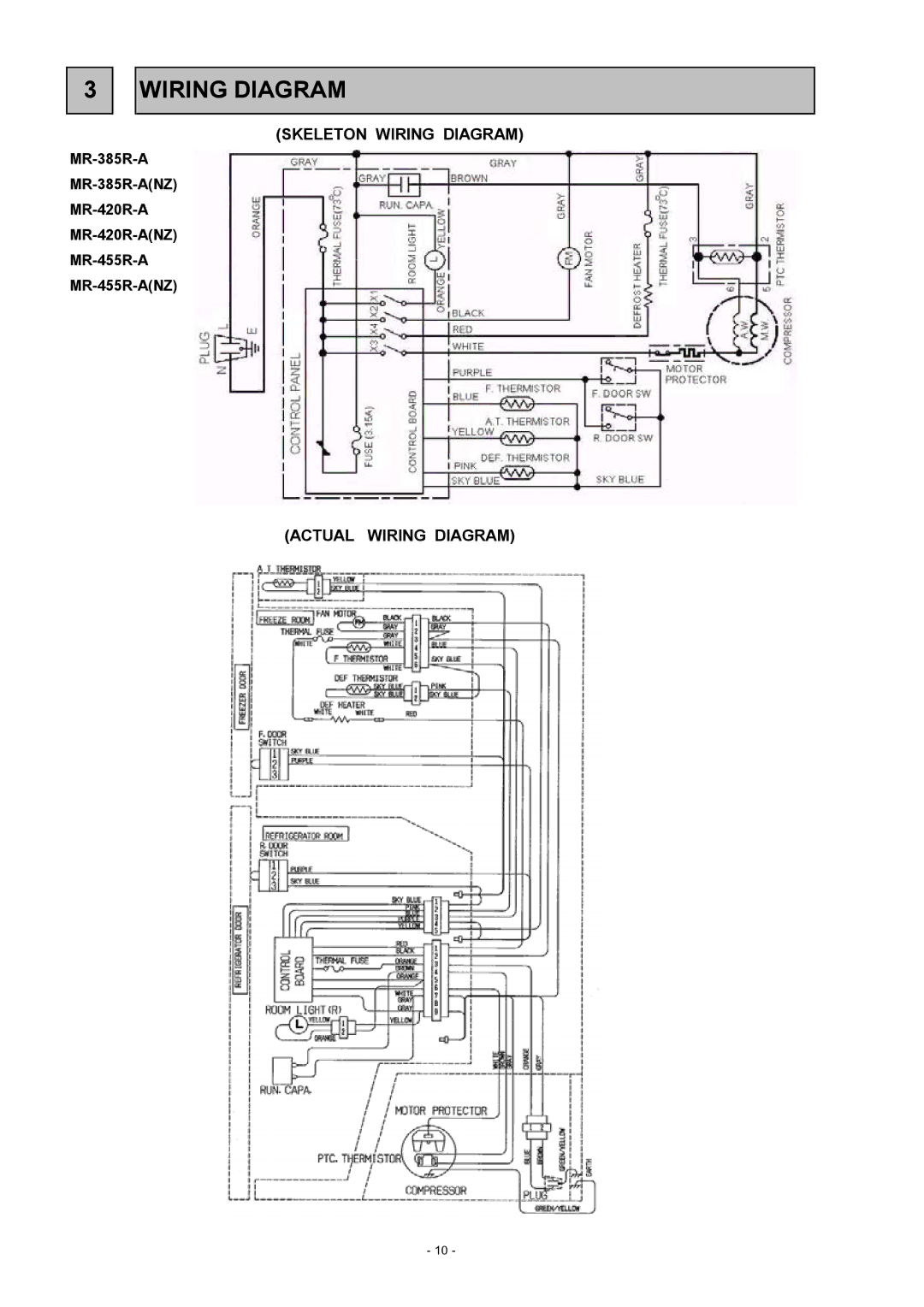 Mitsubishi Electronics MR-385R-W-A, MR-455R-W-A, MR-385R-ST-A, MR-420R-ST-A Skeleton Wiring Diagram, Actual Wiring Diagram 