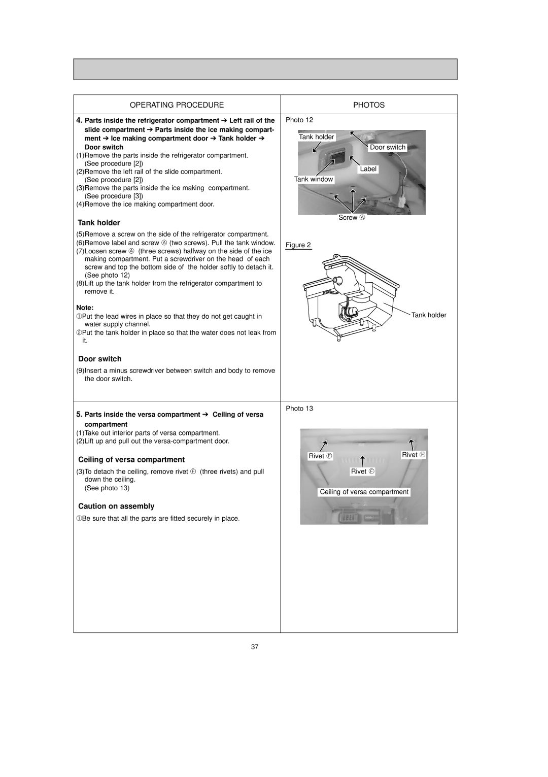 Mitsubishi Electronics MR-G50J-SS-NZ manual Tank holder, Door switch, Ceiling of versa compartment 