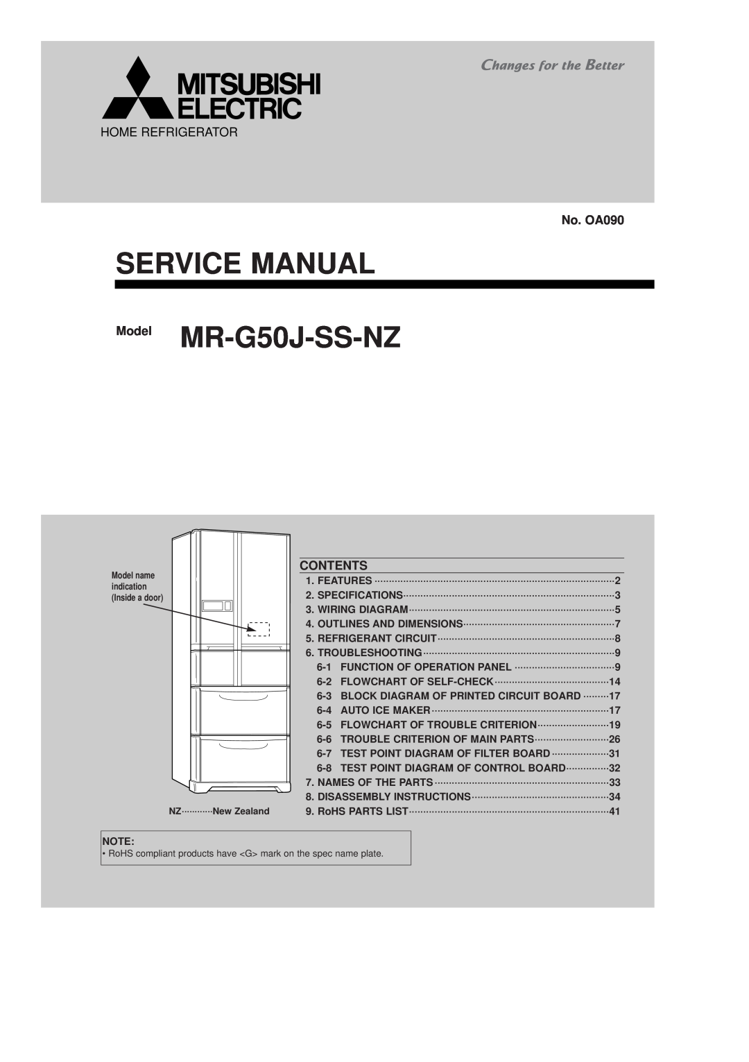 Mitsubishi Electronics MR-G50J-SS-NZ manual Home Refrigerator, No. OA090, Contents, Features ··························· 