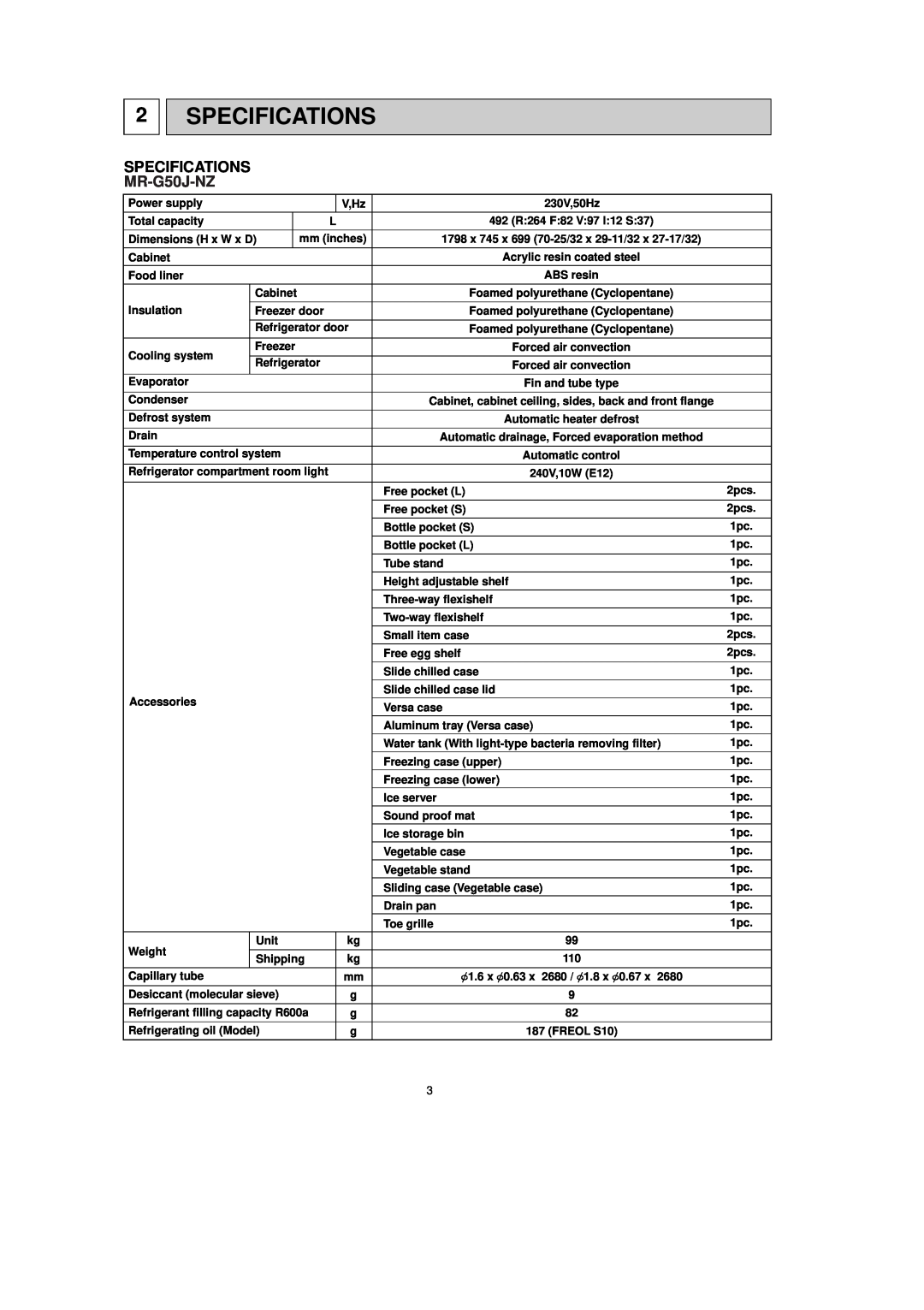 Mitsubishi Electronics MR-G50J-SS-NZ manual Specifications, SPECIFICATIONS MR-G50J-NZ 