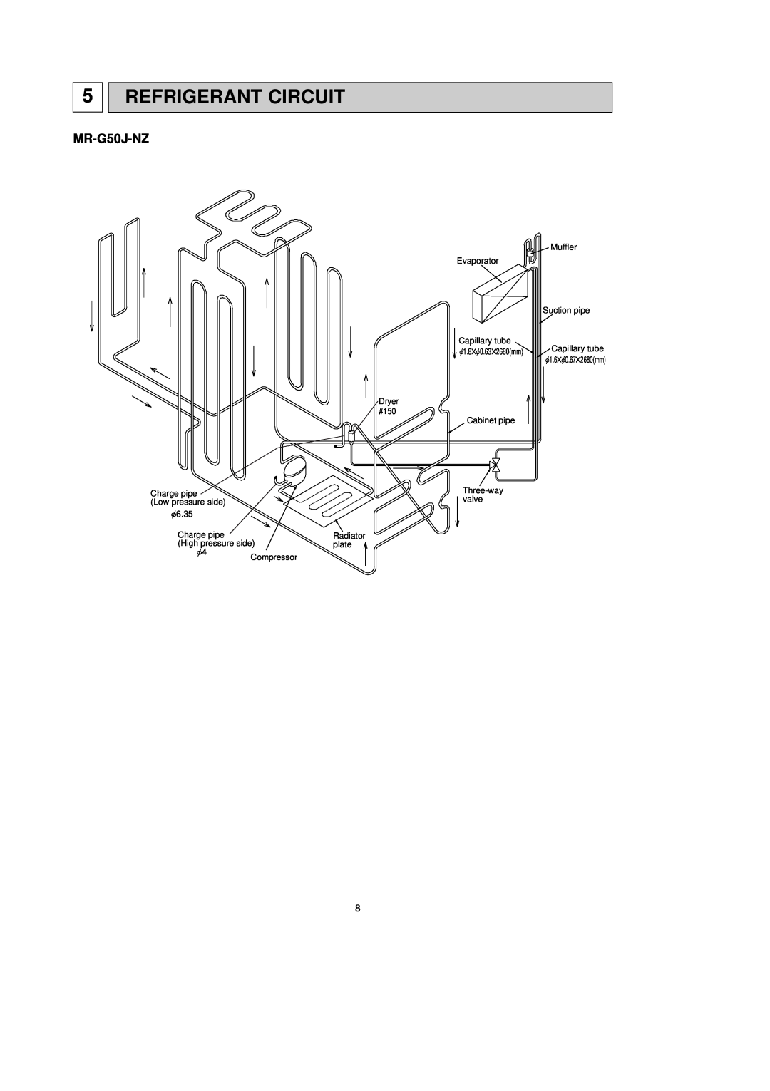Mitsubishi Electronics MR-G50J-SS-NZ manual Refrigerant Circuit, MR-G50J-NZ, 1.80.632680mm, Capillary tube 1.60.672680mm 