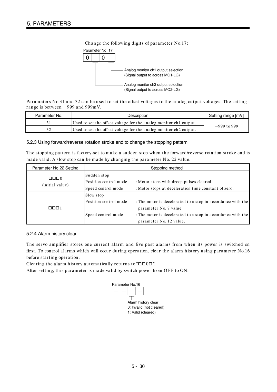 Mitsubishi Electronics MR-J2S- A instruction manual Change the following digits of parameter No.17, Alarm history clear 