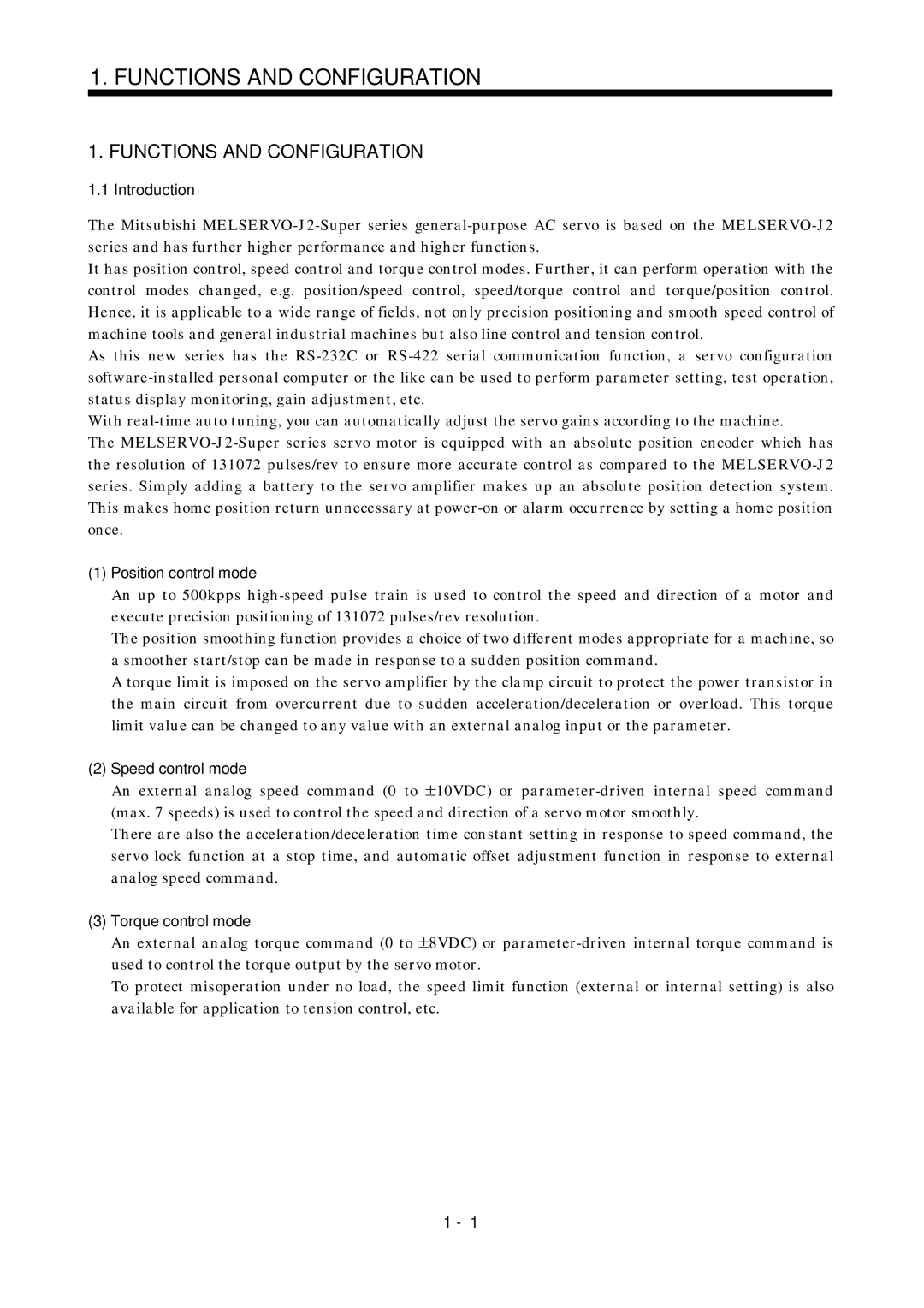 Mitsubishi Electronics MR-J2S- A Introduction, Position control mode, Speed control mode, Torque control mode 