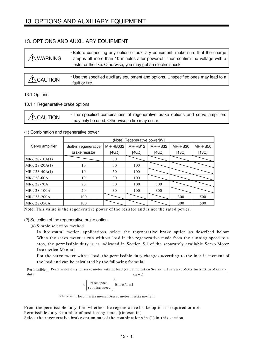 Mitsubishi Electronics MR-J2S- A Options and Auxiliary Equipment, Selection of the regenerative brake option 