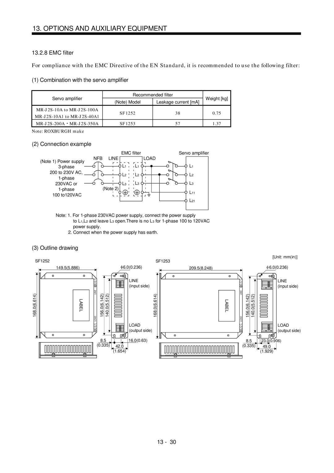 Mitsubishi Electronics MR-J2S- A EMC filter, Combination with the servo amplifier, SF1252, MR-J2S-200A MR-J2S-350A SF1253 