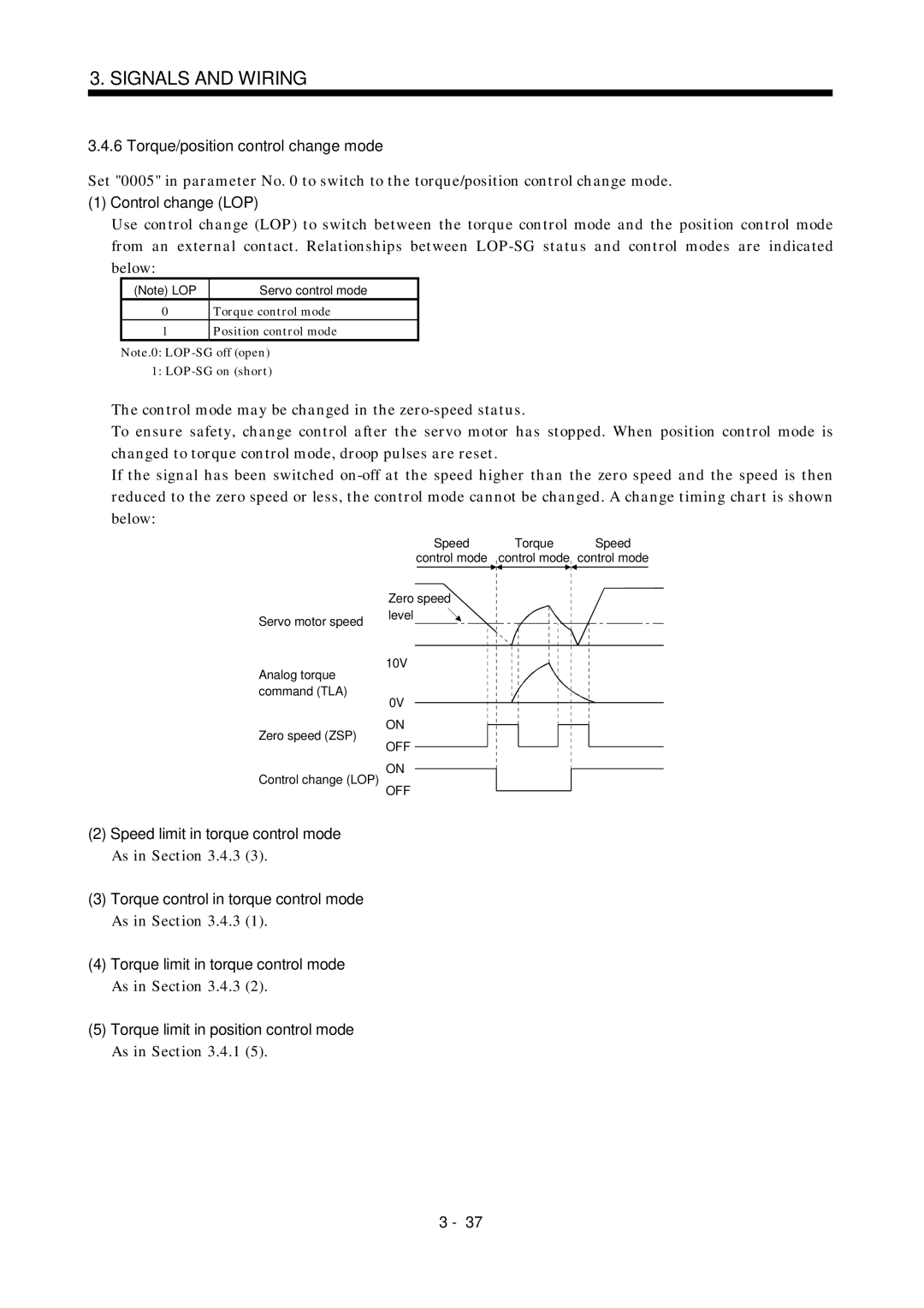 Mitsubishi Electronics MR-J2S- A Torque/position control change mode, Torque control mode Position control mode, 0V on OFF 