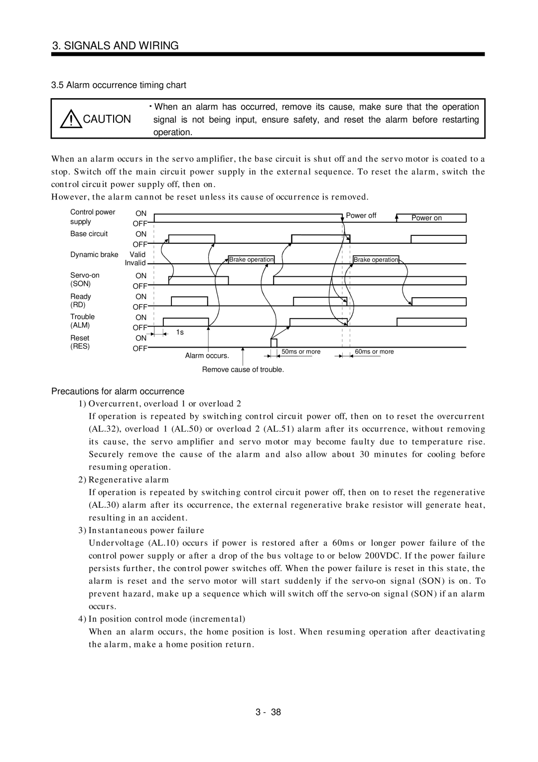 Mitsubishi Electronics MR-J2S- A instruction manual Precautions for alarm occurrence, Son Off, Alm Off, Res Off 