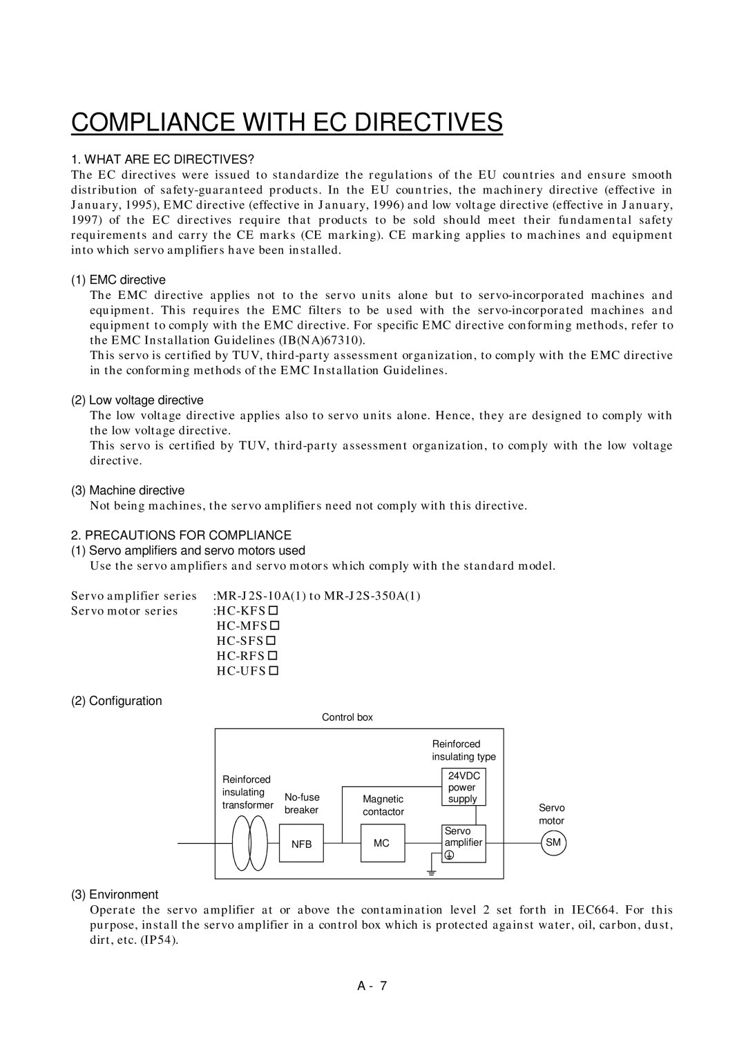 Mitsubishi Electronics MR-J2S- A EMC directive, Low voltage directive, Machine directive, Configuration, Environment 