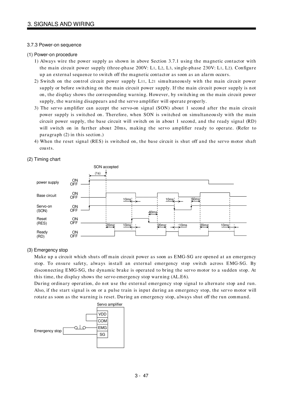 Mitsubishi Electronics MR-J2S- A Power-on sequence Power-on procedure, Timing chart, Emergency stop, Vdd Com Emg 