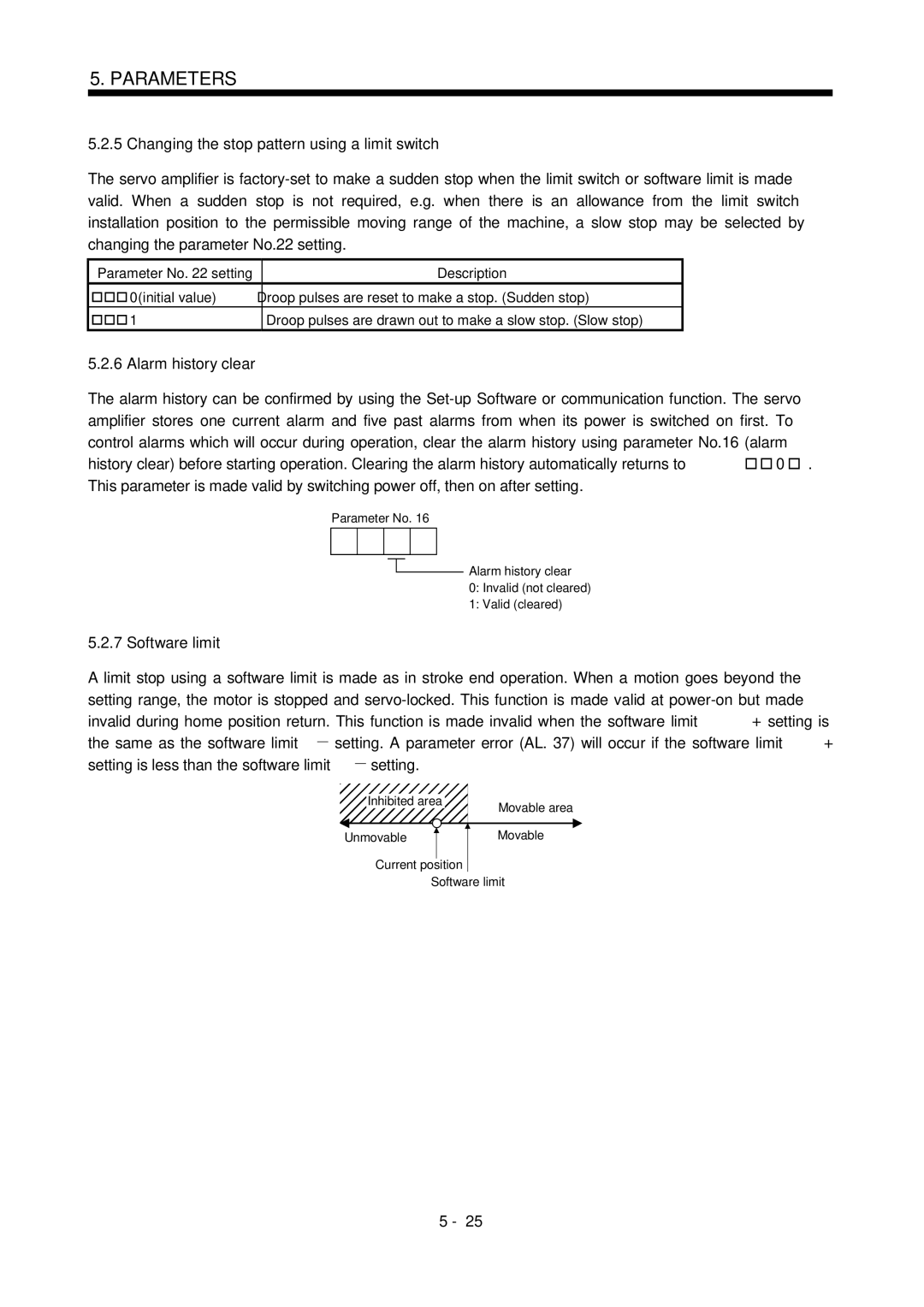 Mitsubishi Electronics MR-J2S- CL Changing the stop pattern using a limit switch, Alarm history clear, Software limit 