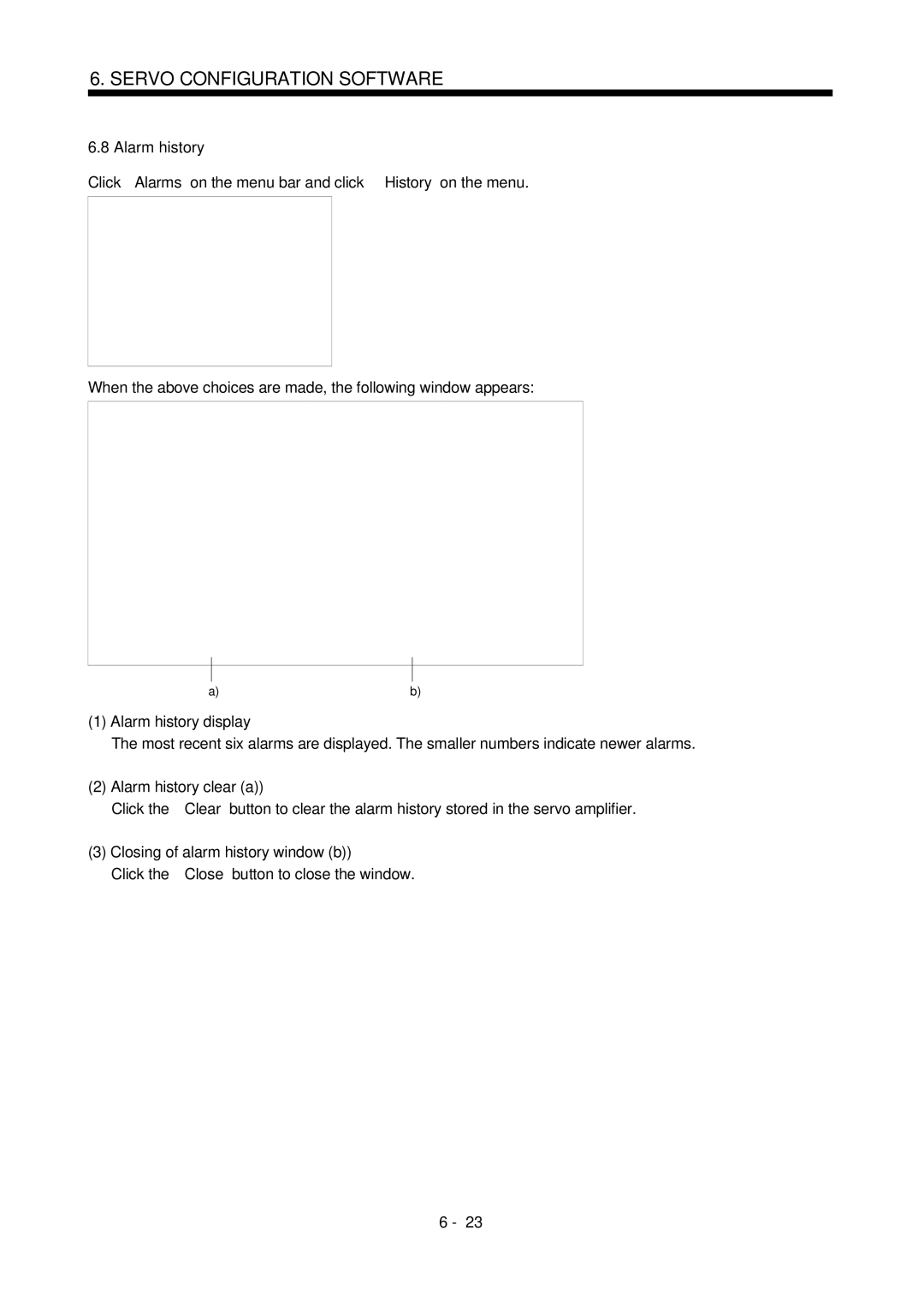Mitsubishi Electronics MR-J2S- CL Alarm history display, Alarm history clear a, Closing of alarm history window b 