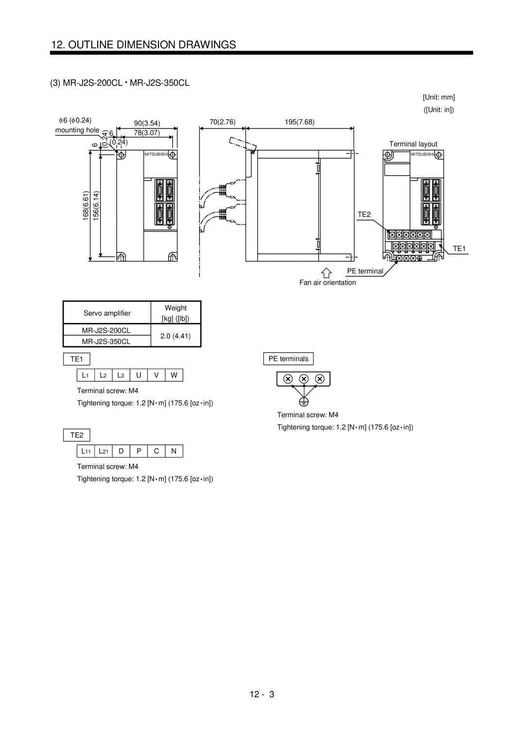 Mitsubishi Electronics MR-J2S- CL specifications PE terminal Fan air orientation Servo amplifier Weight 