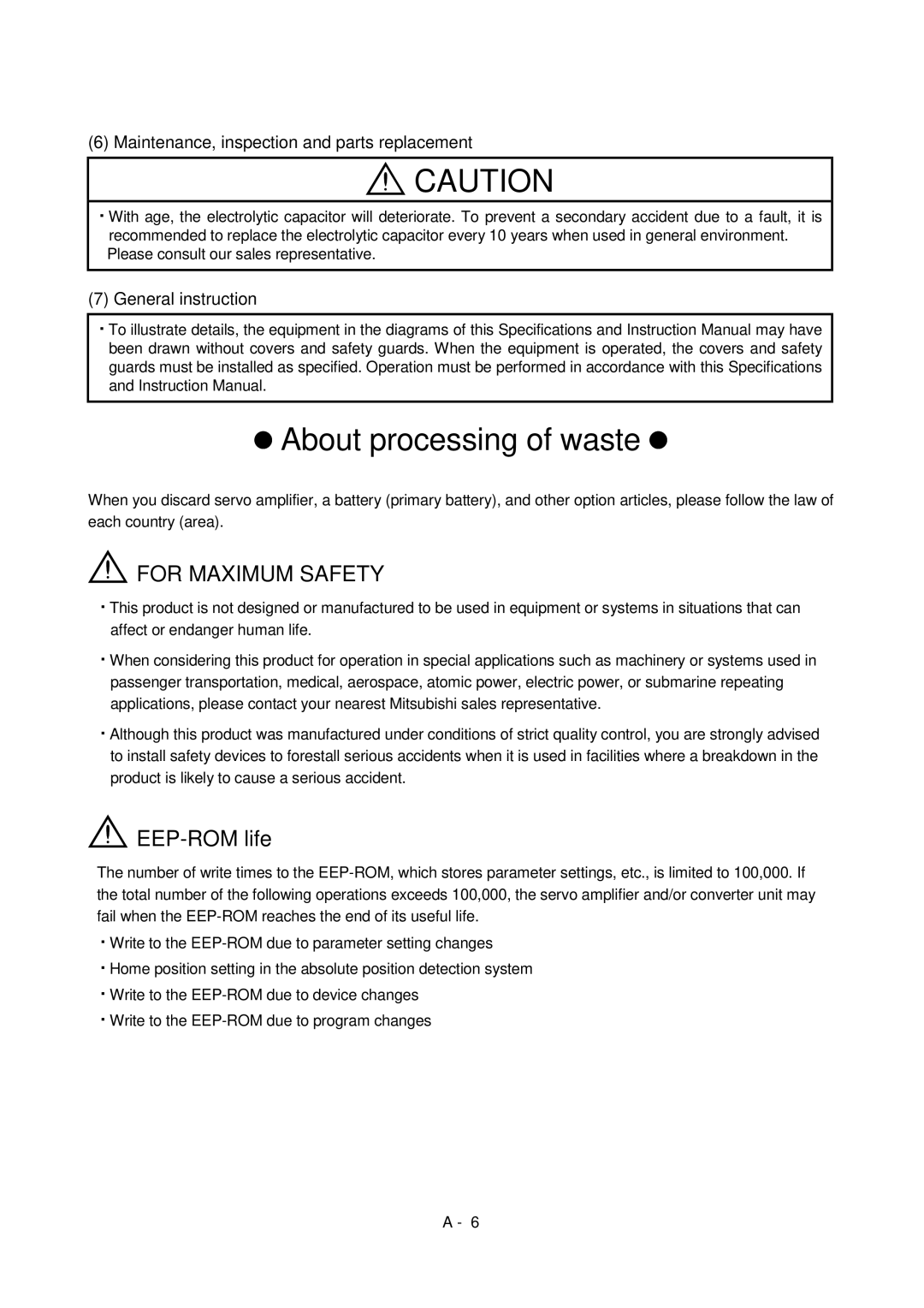 Mitsubishi Electronics MR-J2S- CL specifications For Maximum Safety, Maintenance, inspection and parts replacement 