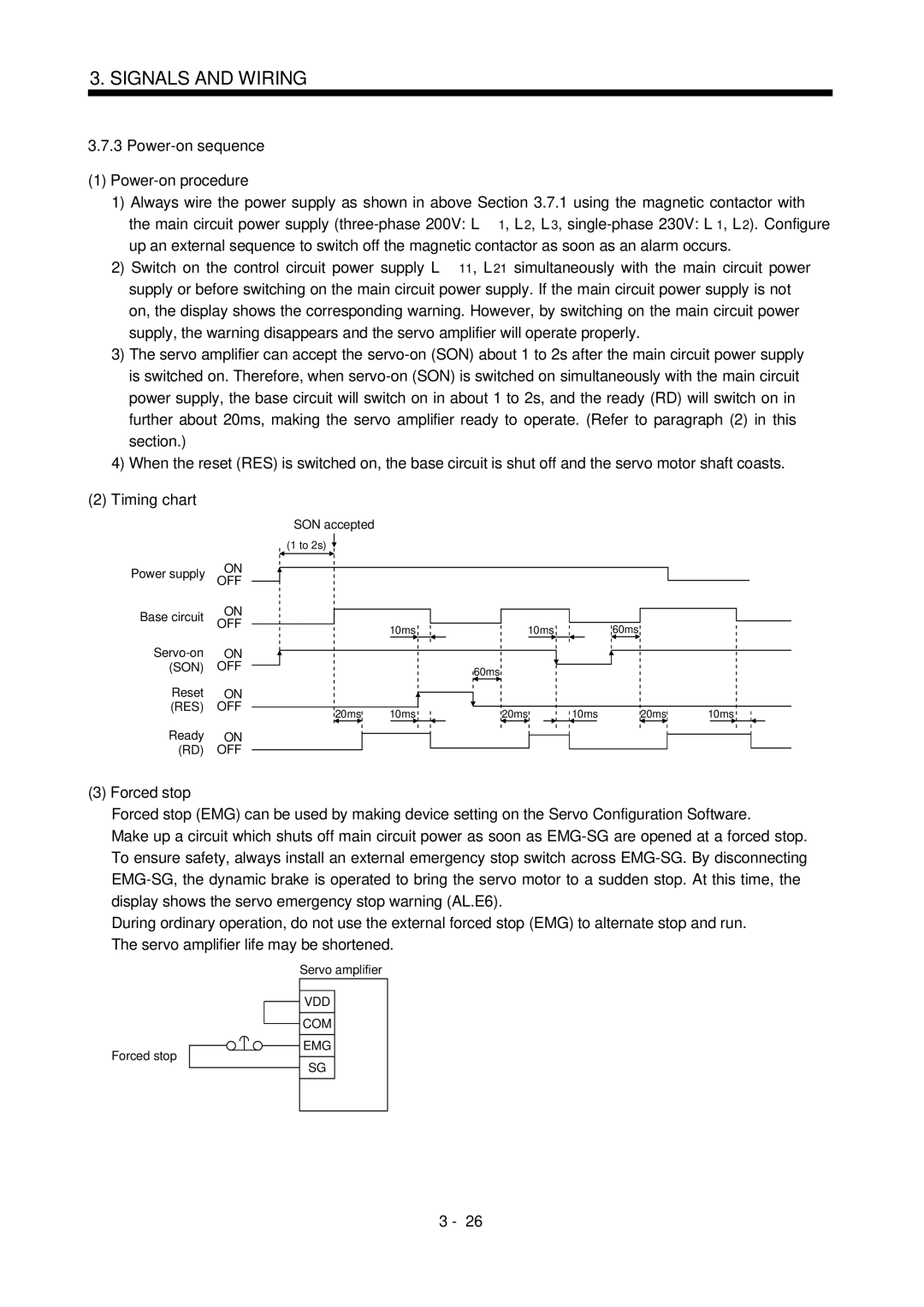 Mitsubishi Electronics MR-J2S- CL Power-on sequence Power-on procedure, Timing chart, Forced stop, Vdd Com Emg 