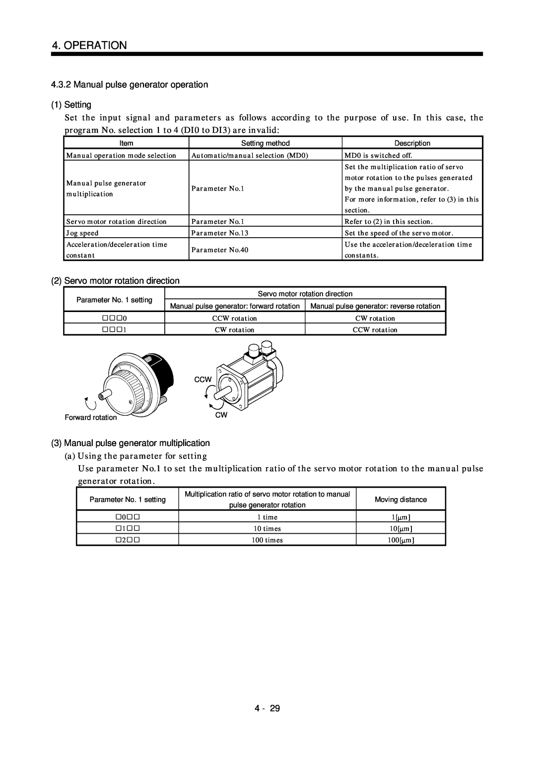Mitsubishi Electronics MR-J2S- CL Manual pulse generator operation 1Setting, 3Manual pulse generator multiplication 