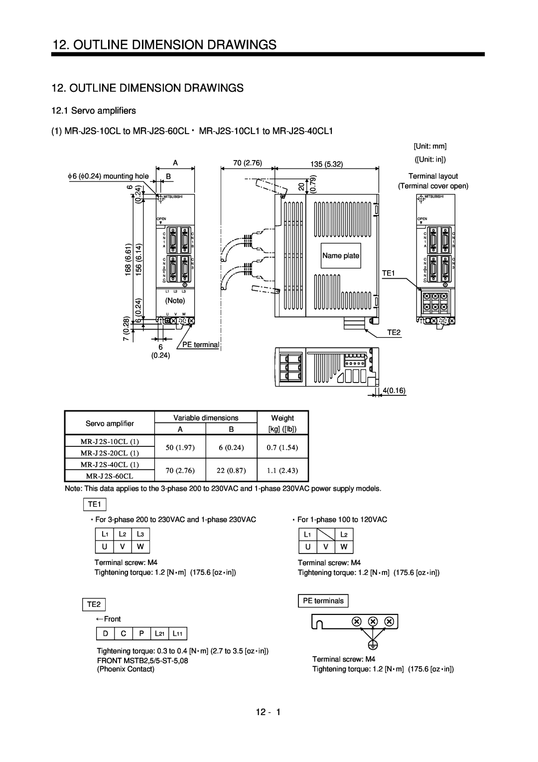 Mitsubishi Electronics MR-J2S- CL specifications Outline Dimension Drawings, Servo amplifiers 
