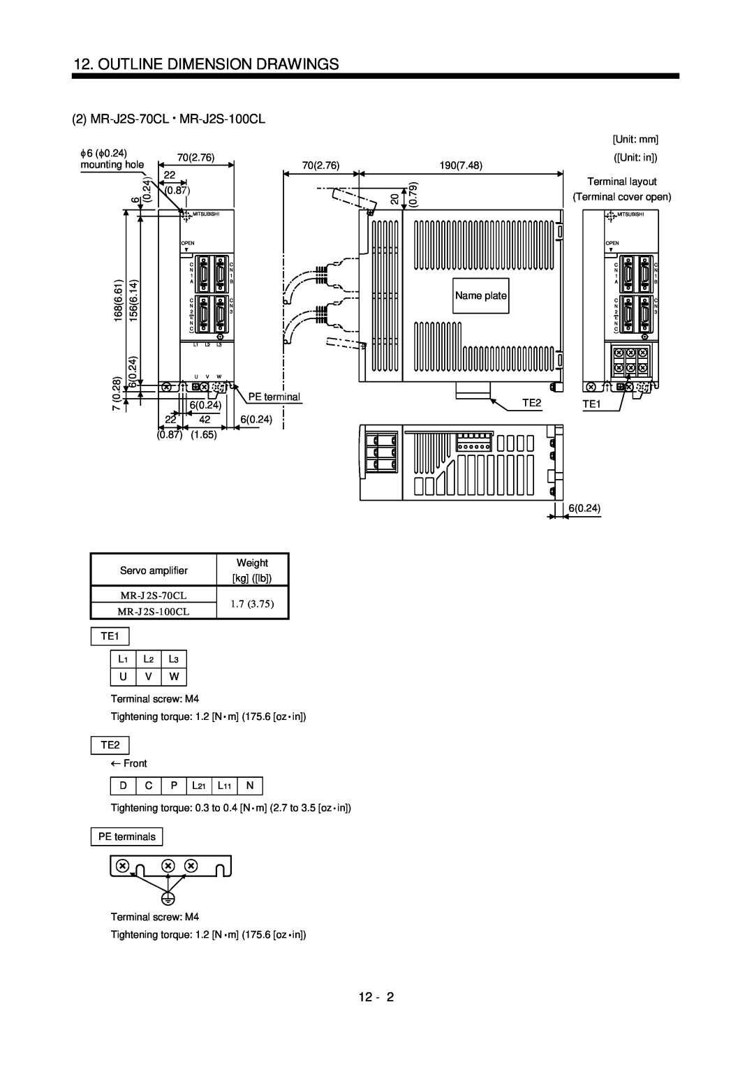 Mitsubishi Electronics MR-J2S- CL specifications Outline Dimension Drawings, MR-J2S-70CL, MR-J2S-100CL, 12 