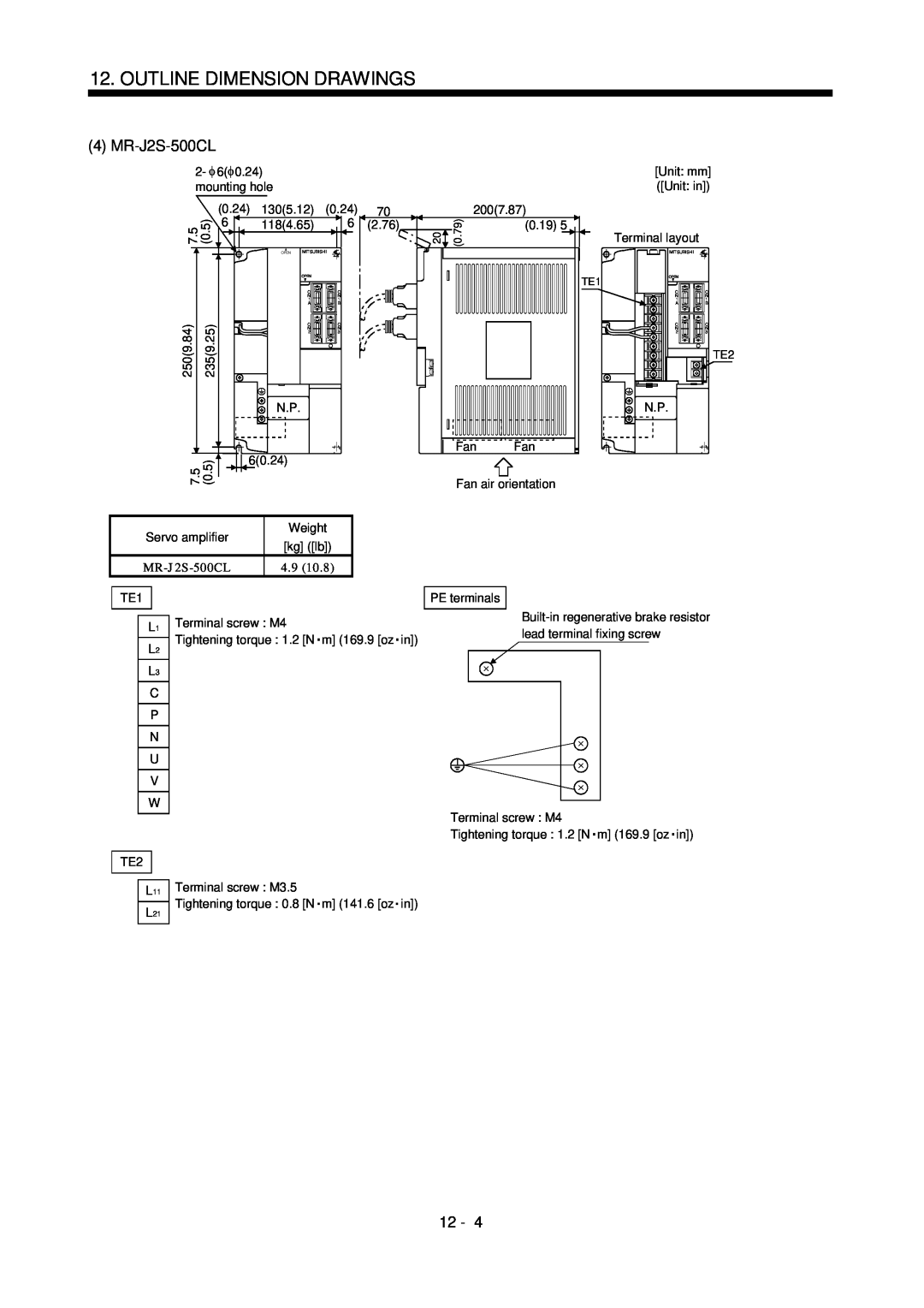 Mitsubishi Electronics MR-J2S- CL specifications MR-J2S-500CL, Outline Dimension Drawings, 12 