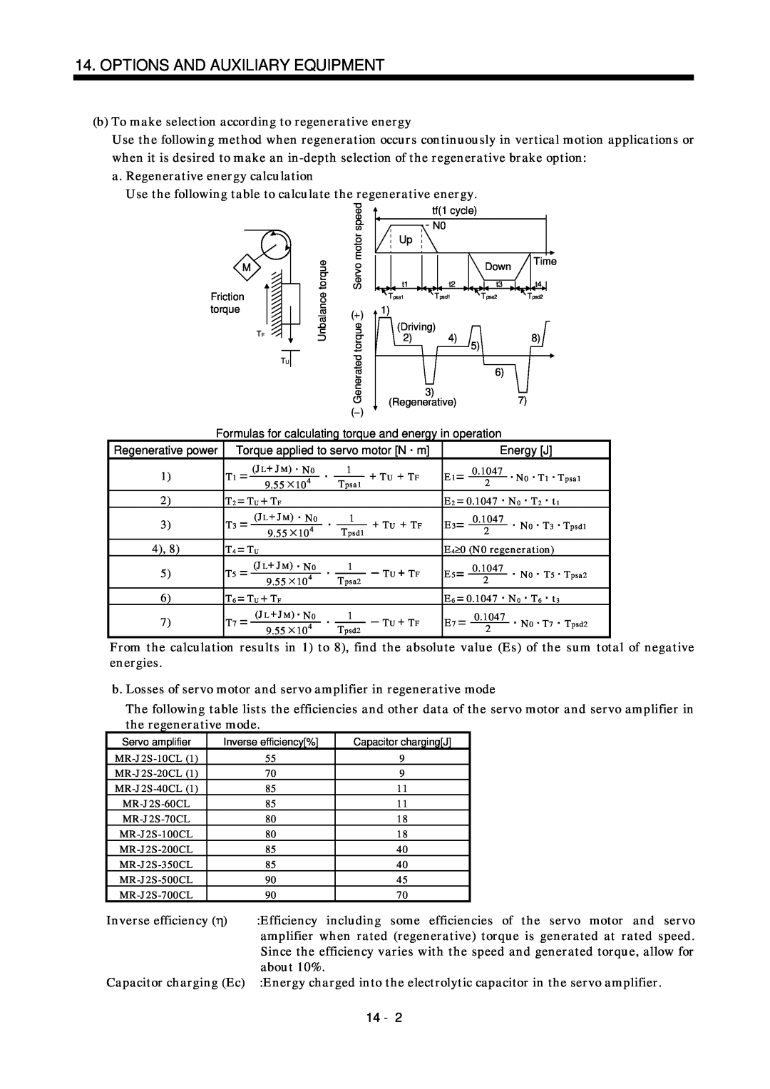 Mitsubishi Electronics MR-J2S- CL specifications Options And Auxiliary Equipment, a.Regenerative energy calculation 