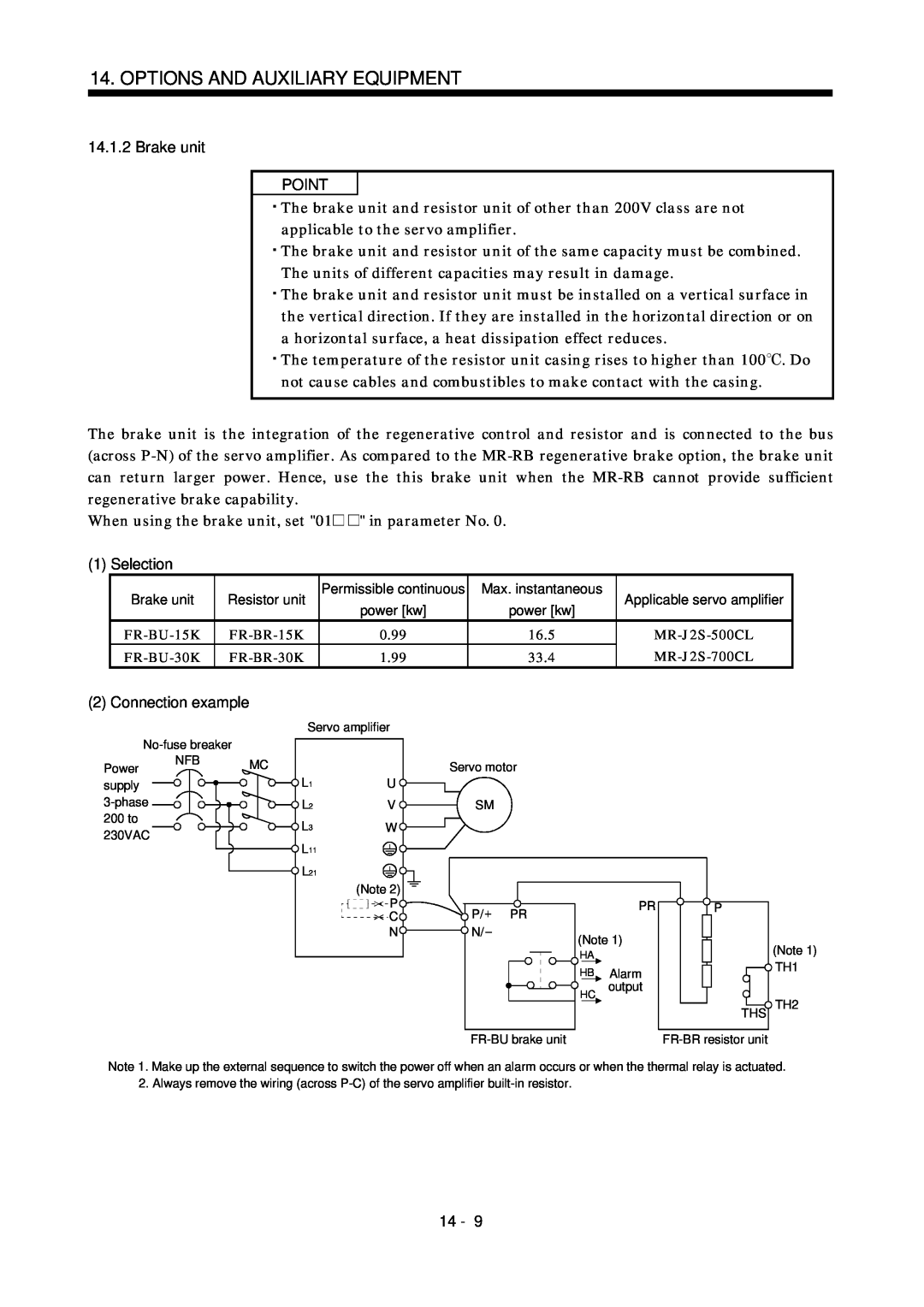Mitsubishi Electronics MR-J2S- CL Brake unit POINT, Selection, Connection example, Options And Auxiliary Equipment, 14 
