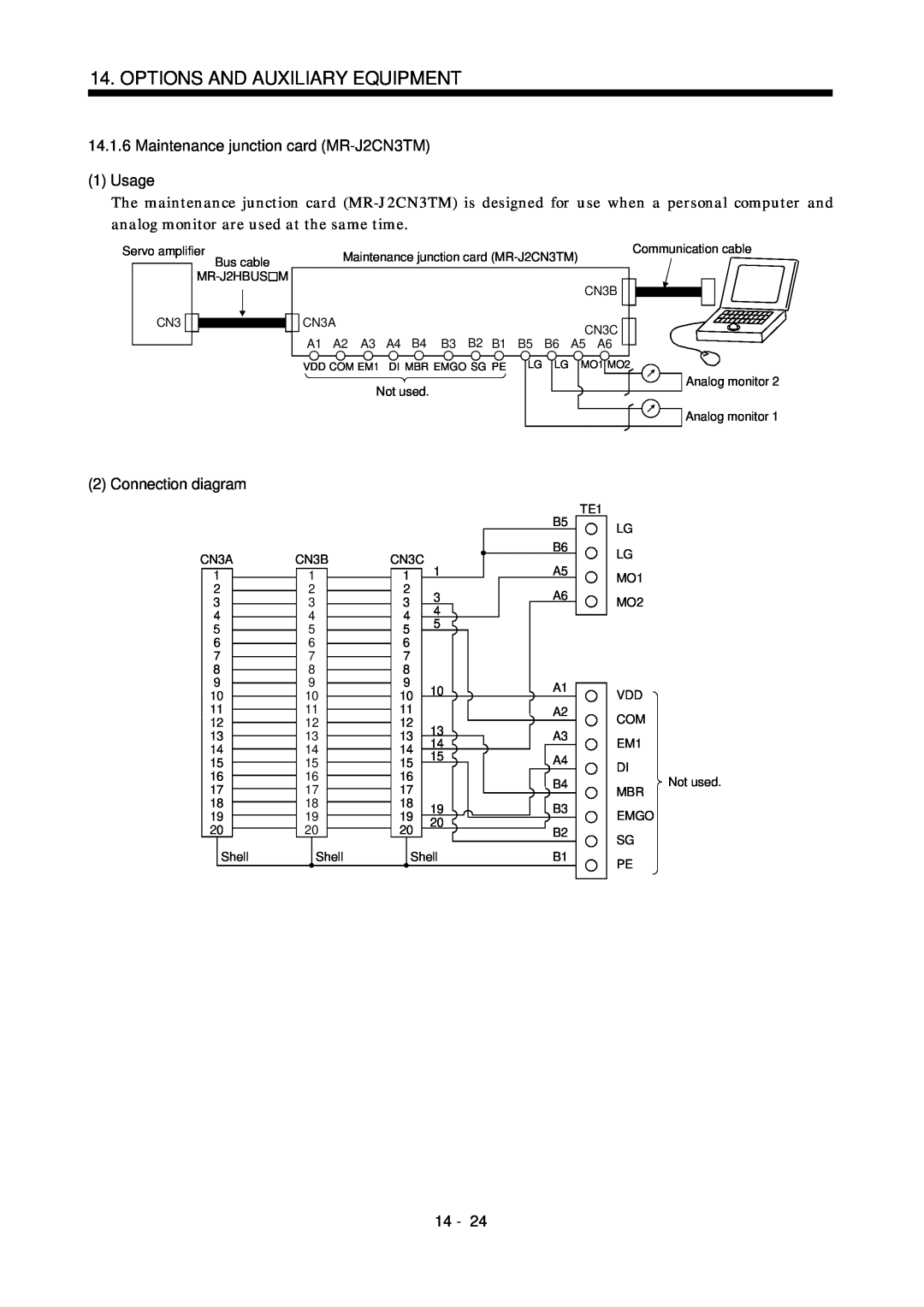 Mitsubishi Electronics MR-J2S- CL specifications Maintenance junction card MR-J2CN3TM, 1Usage, Connection diagram, 14 