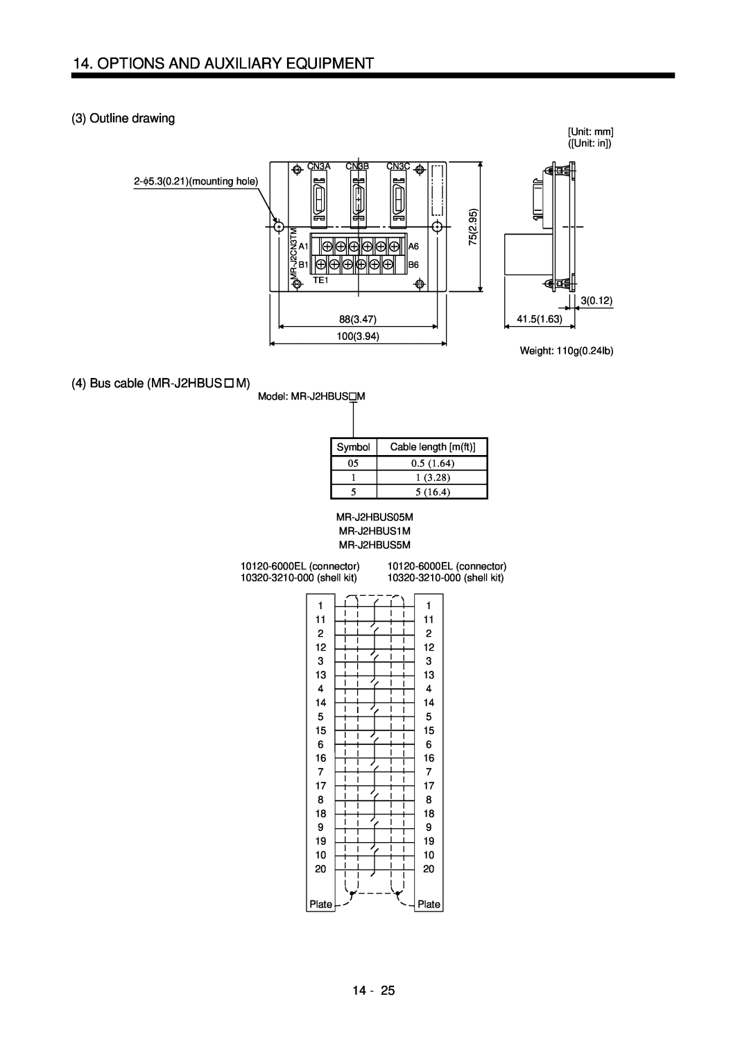 Mitsubishi Electronics MR-J2S- CL specifications Bus cable MR-J2HBUS, Options And Auxiliary Equipment, Outline drawing, 14 