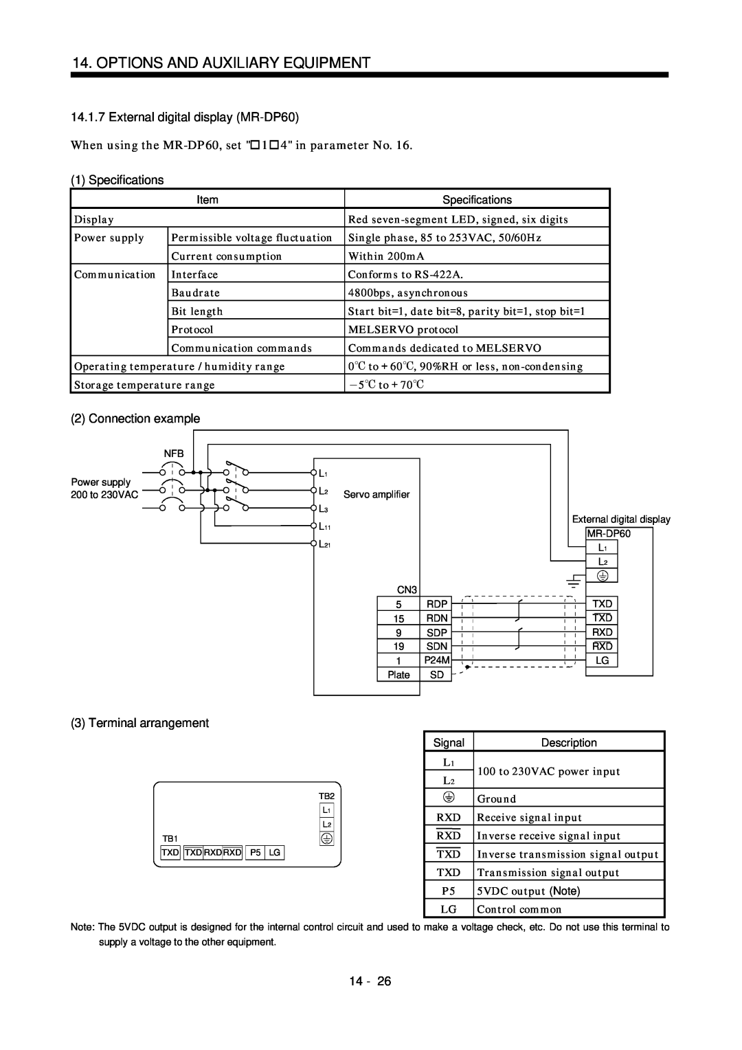 Mitsubishi Electronics MR-J2S- CL specifications External digital display MR-DP60, Specifications, Terminal arrangement, 14 