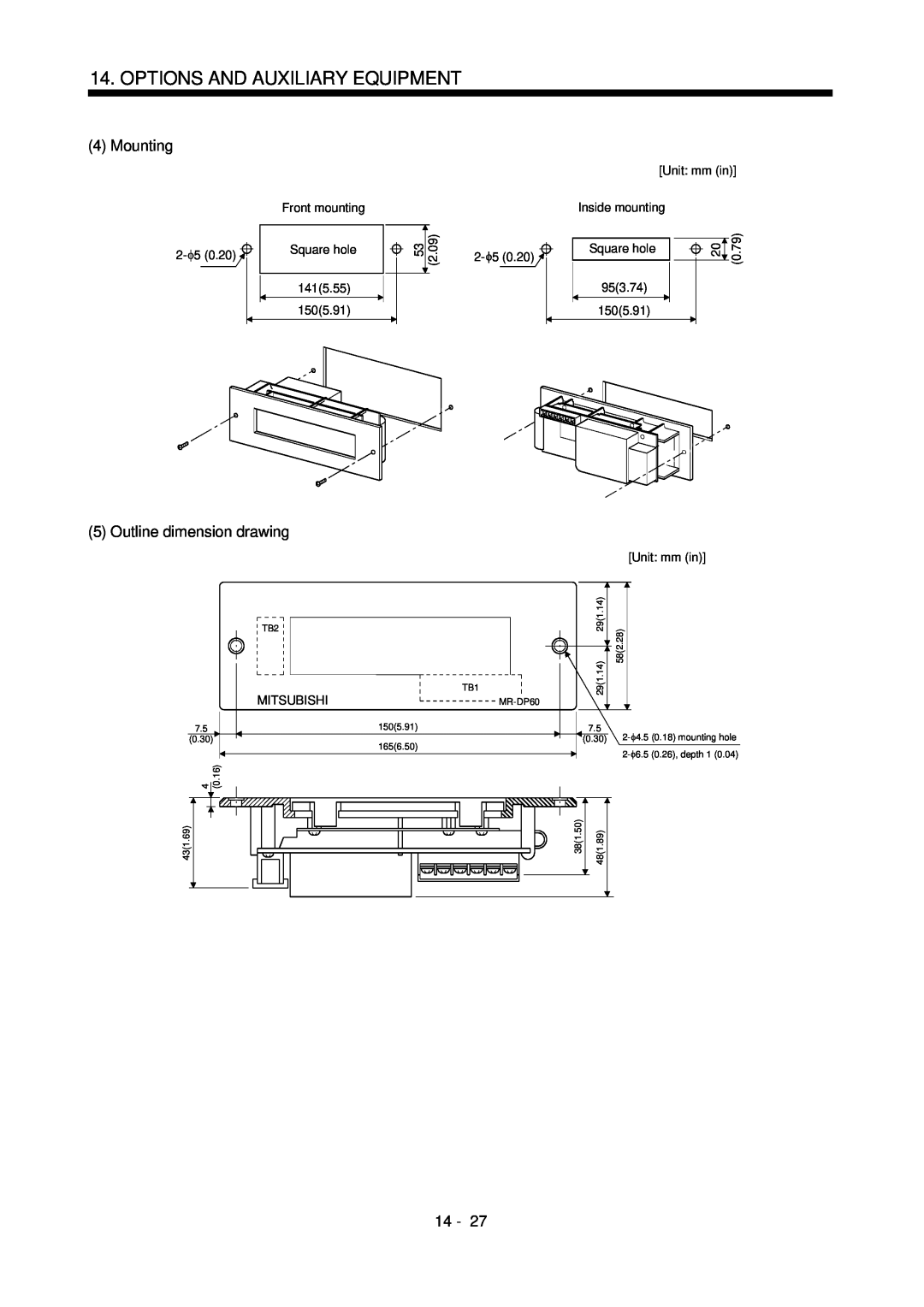Mitsubishi Electronics MR-J2S- CL specifications Mounting, Outline dimension drawing, Options And Auxiliary Equipment, 14 