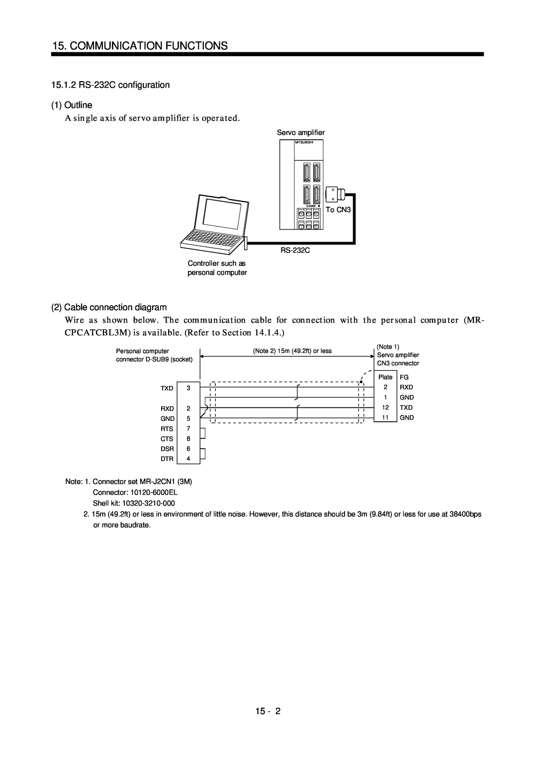 Mitsubishi Electronics MR-J2S- CL Communication Functions, 15.1.2 RS-232Cconfiguration 1Outline, 2Cable connection diagram 