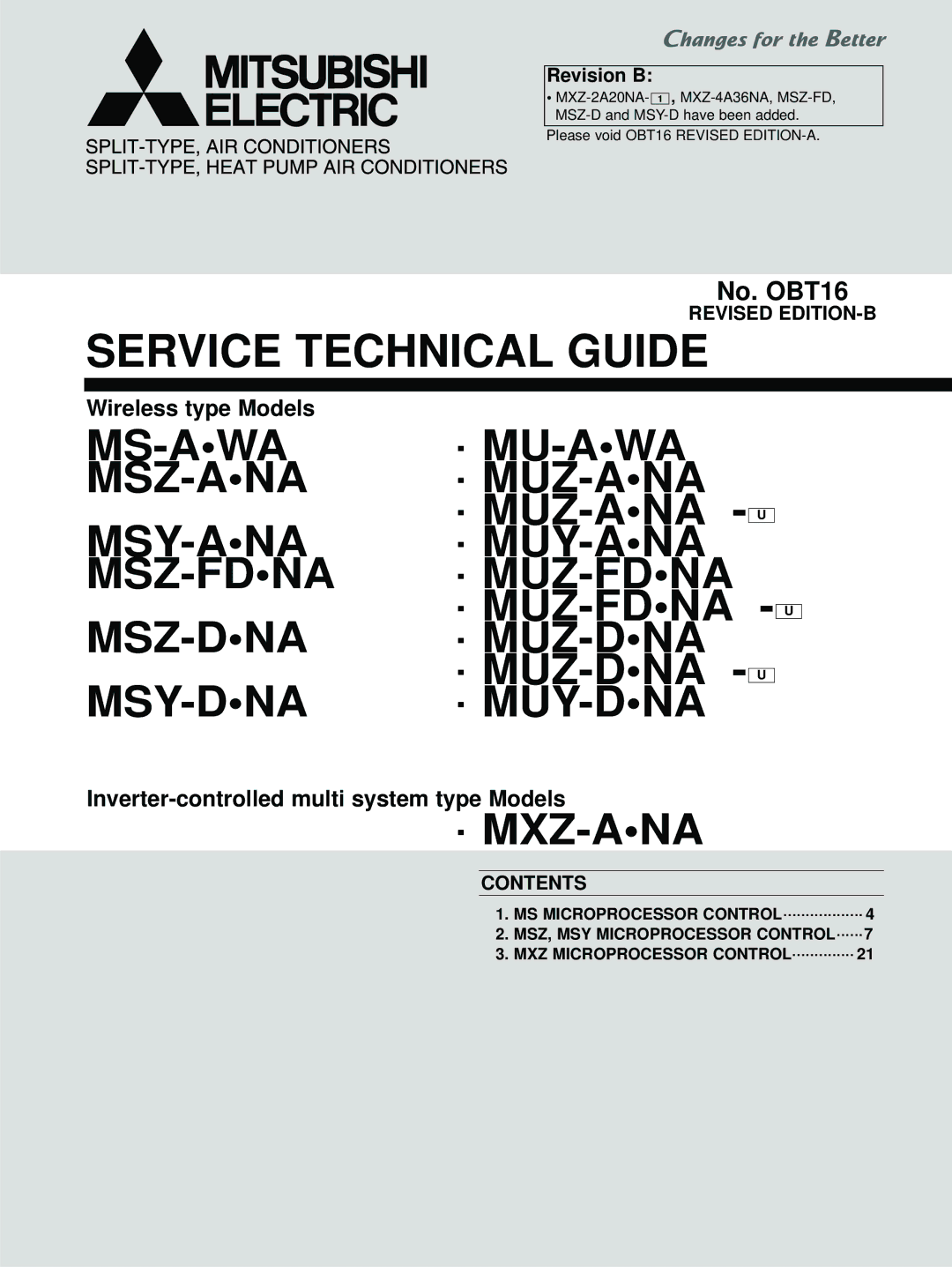 Mitsubishi Electronics MUZ-ANA - U, MS-AWA, MUY-ANA, MU-AWA, MSY-ANA, MSZ-ANA, MSZ-FDNA manual Revised EDITION-B, Contents 