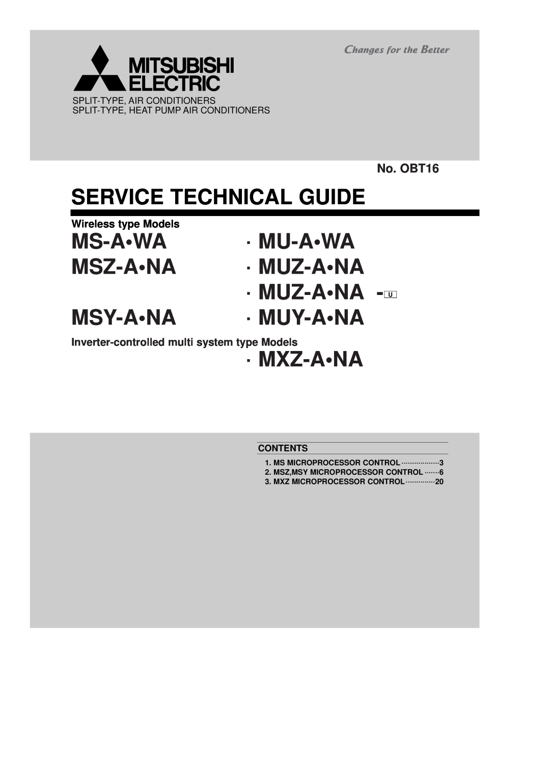 Mitsubishi Electronics MUZ-ANA manual Contents, Ms Microprocessor Control ···········, Service Technical Guide, Ms-Awa 
