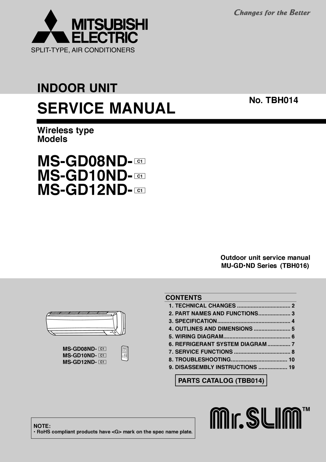 Mitsubishi Electronics MS-GD08ND-ci service manual Contents, Parts Catalog TBB014 