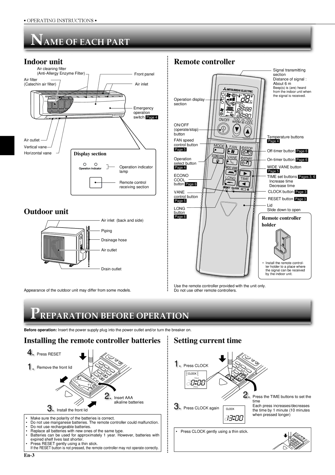 Mitsubishi Electronics MS-SD24VC, MS-SFD18VC manual Name of Each Part, Preparation Before Operation 