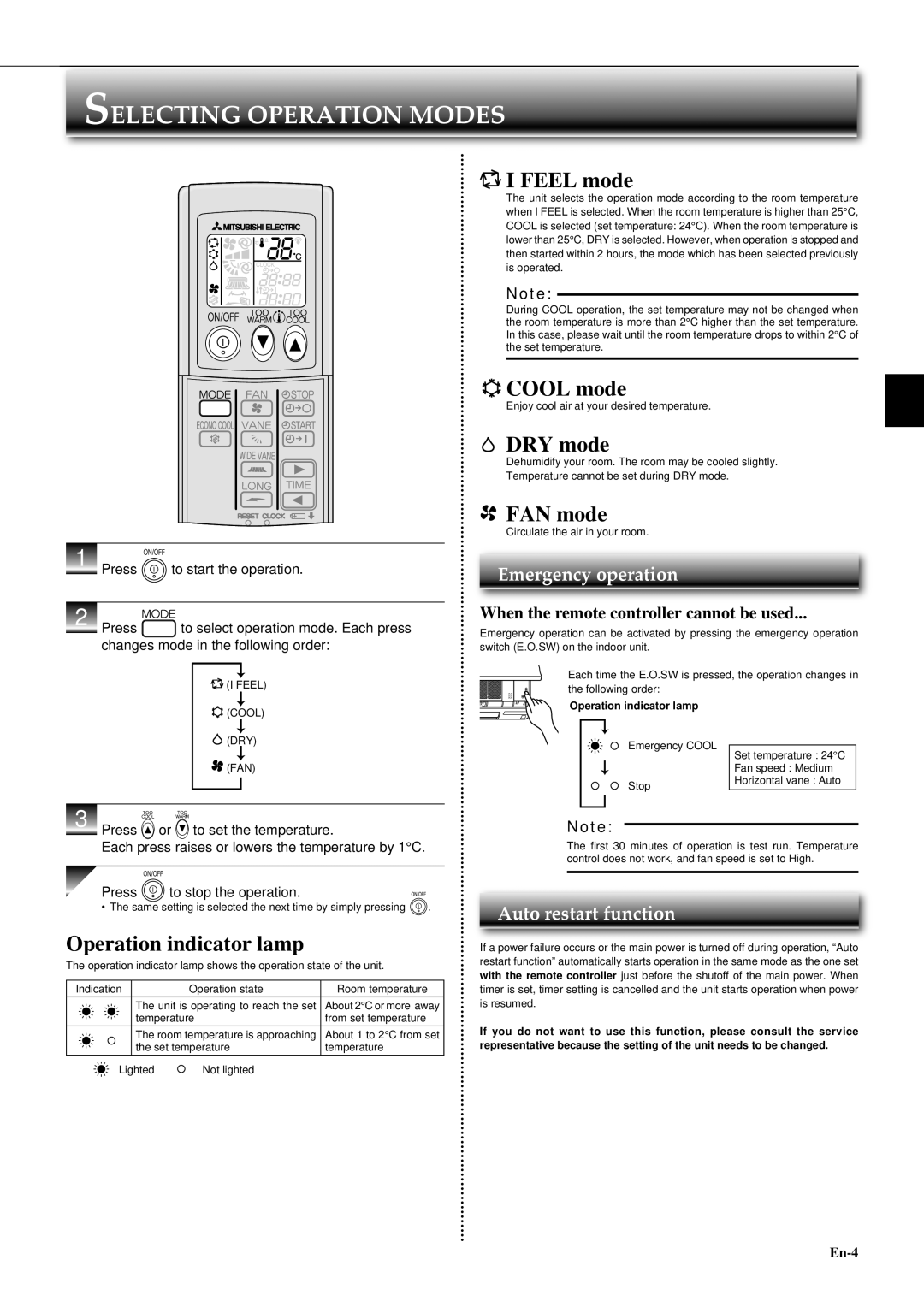 Mitsubishi Electronics MS-SFD18VC, MS-SD24VC manual Operation indicator lamp, Feel mode, Cool mode, DRY mode, FAN mode 