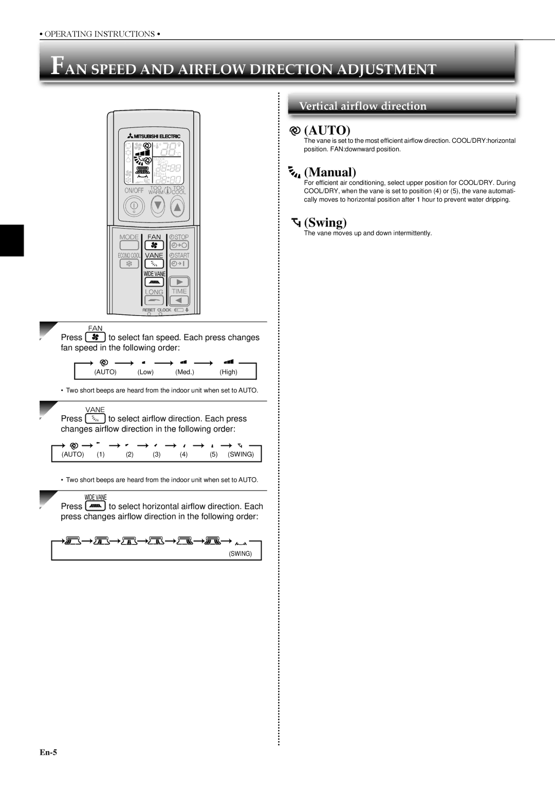 Mitsubishi Electronics MS-SD24VC, MS-SFD18VC manual FAN Speed and Airflow Direction Adjustment, Auto, Manual, Swing 