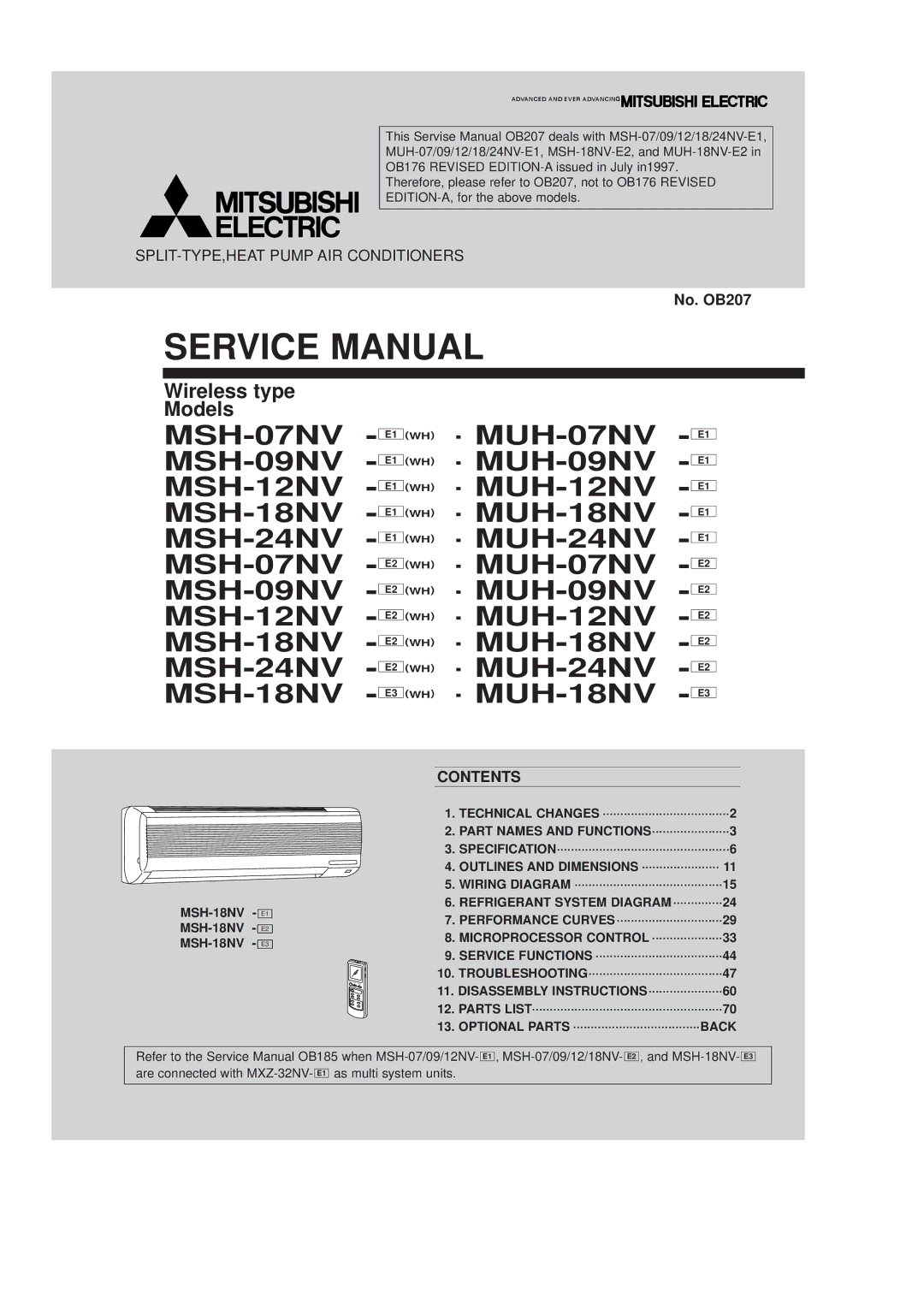 Mitsubishi Electronics MSH-12NV, MSH-07NV, MSH-09NV, MSH-18NV, MSH-24NV service manual Contents 