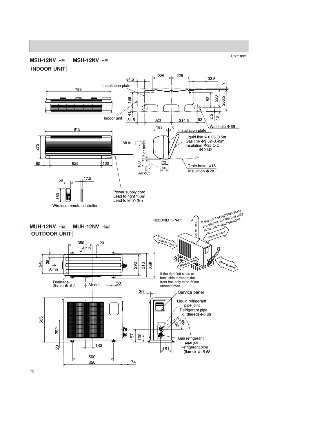 Mitsubishi Electronics MSH-09NV, MSH-07NV, MSH-18NV, MSH-24NV service manual MSH-12NV E1, MSH-12NV E2 MUH-12NV E1 MUH-12NV E2 