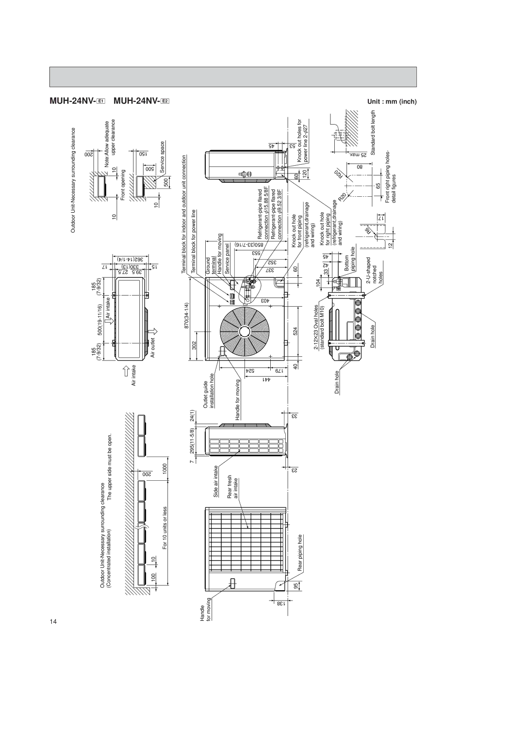 Mitsubishi Electronics MSH-24NV, MSH-07NV, MSH-12NV, MSH-09NV, MSH-18NV service manual MUH-24NV- E1 MUH-24NV- E2, Unit mm inch 