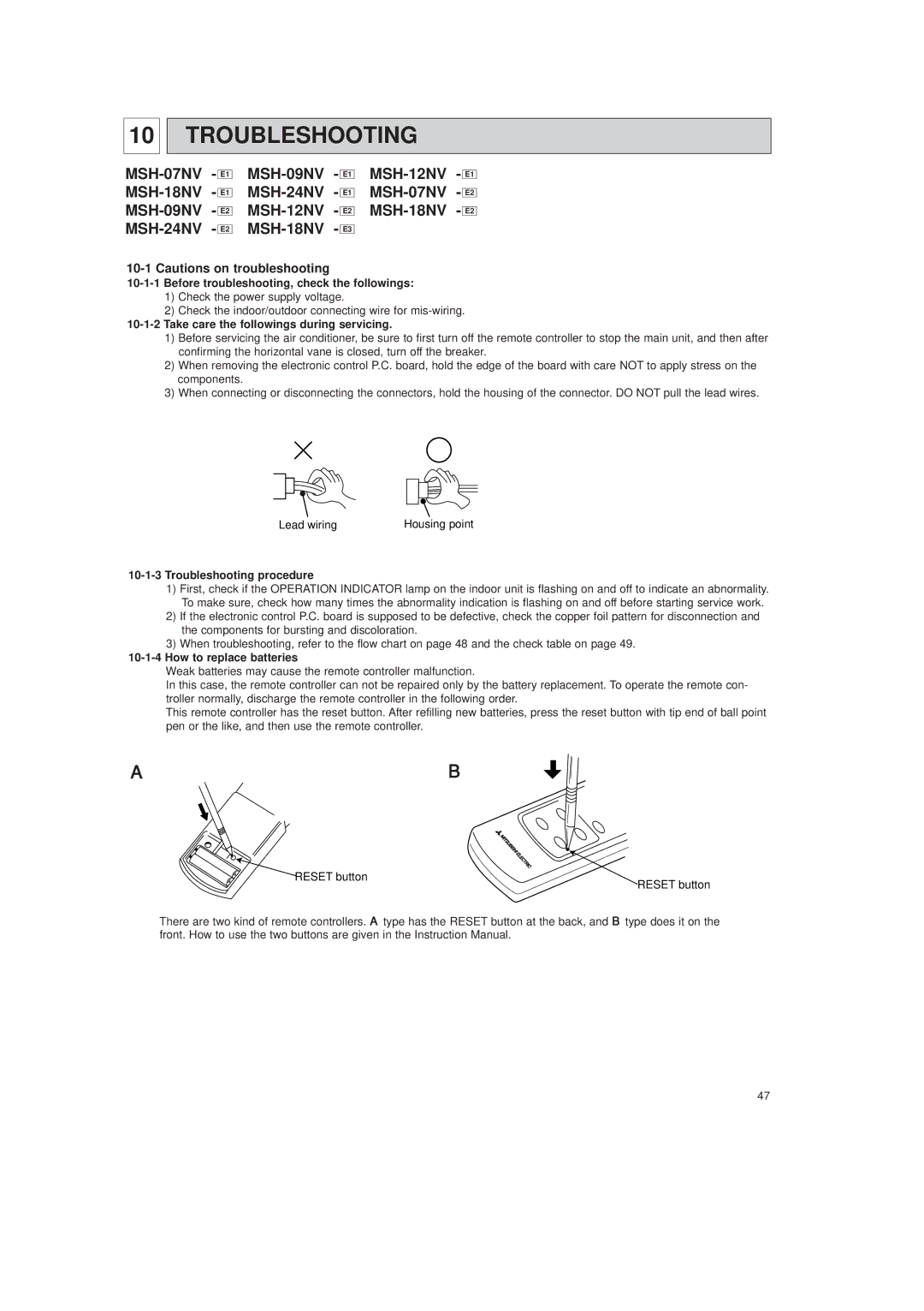 Mitsubishi Electronics MSH-09NV, MSH-07NV, MSH-12NV, MSH-18NV, MSH-24NV service manual Troubleshooting 