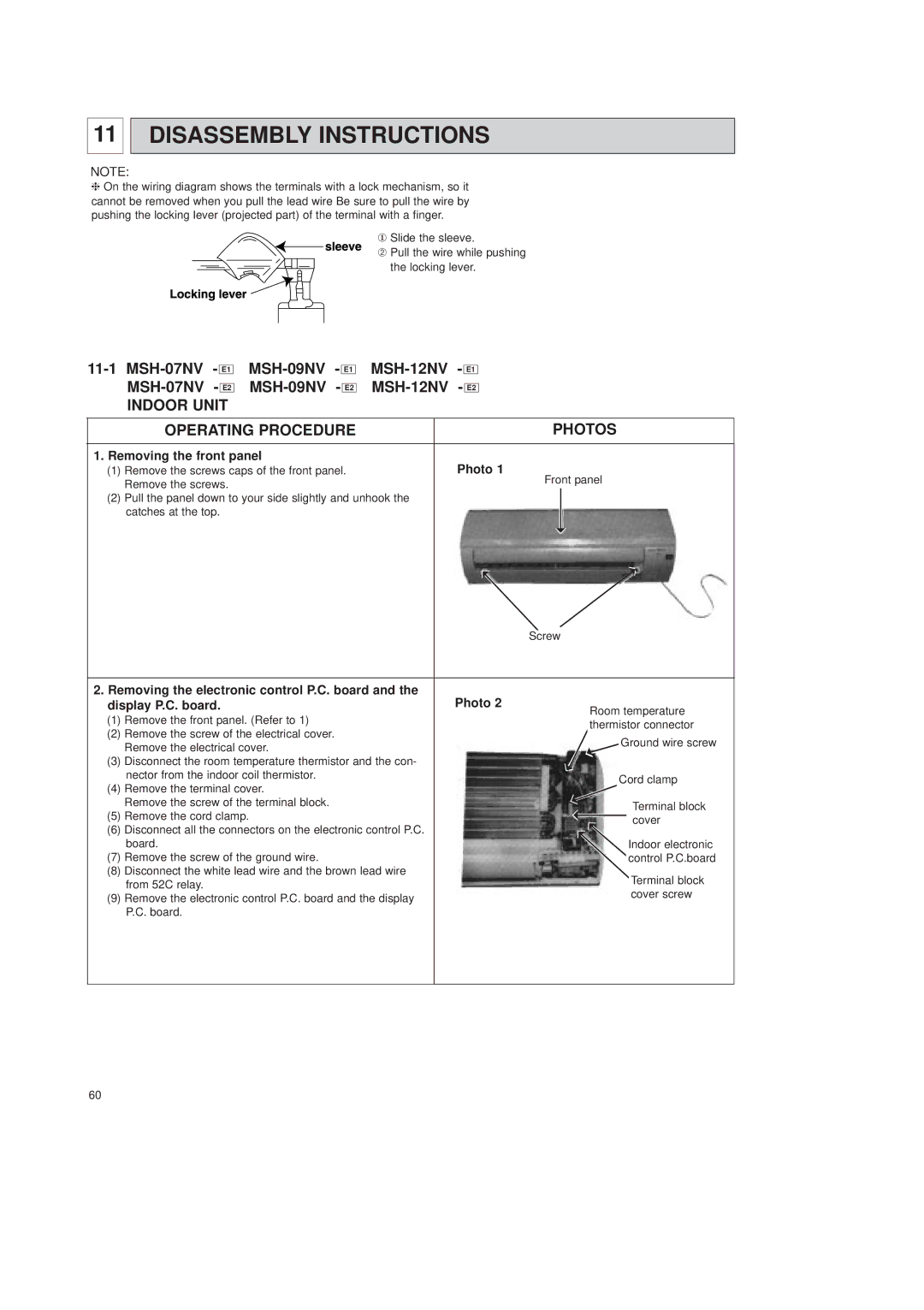 Mitsubishi Electronics MSH-12NV, MSH-09NV Disassembly Instructions, MSH-07NV E1 MSH-07NV E2, Operating Procedure Photos 