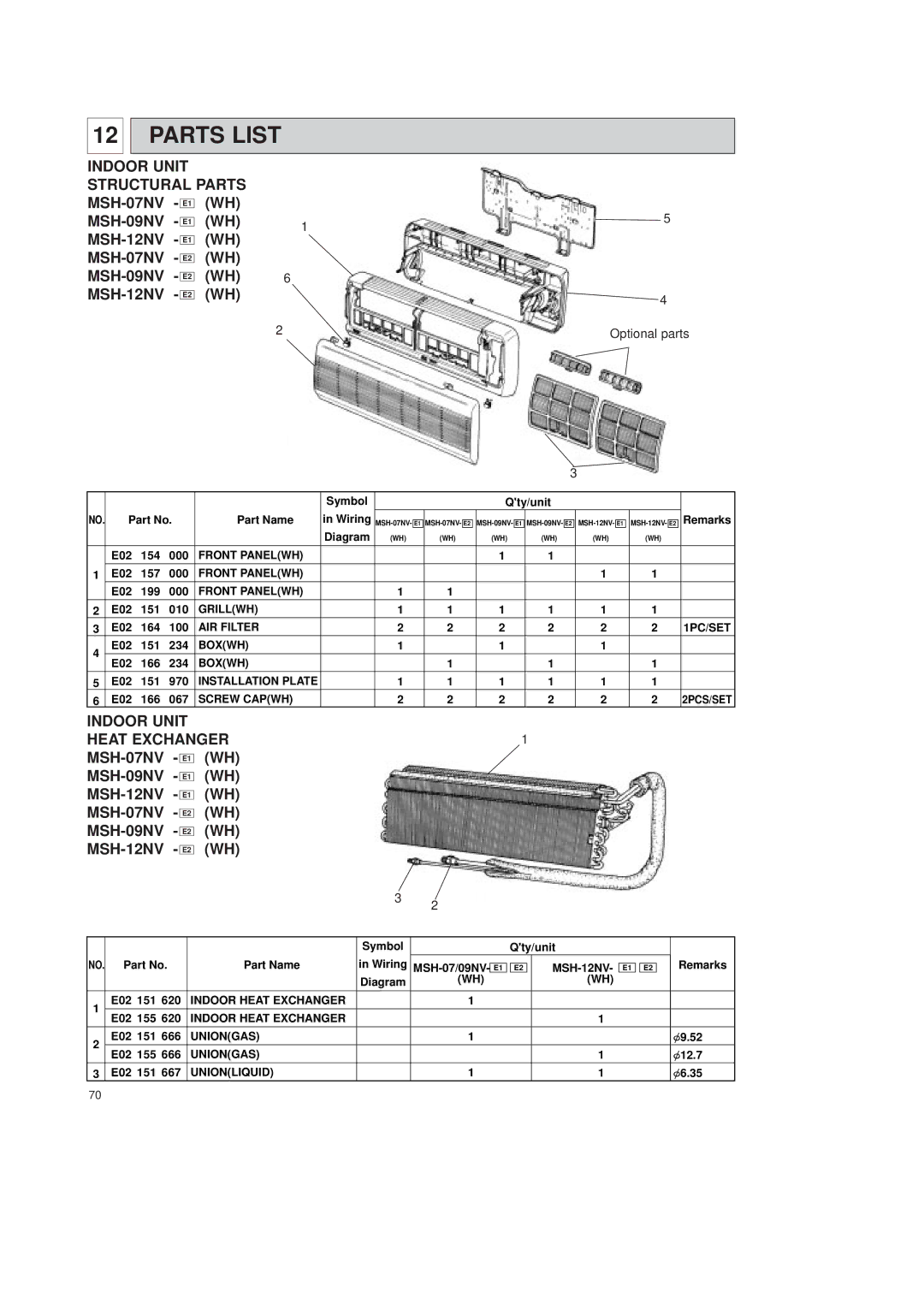 Mitsubishi Electronics MSH-07NV, MSH-12NV, MSH-09NV, MSH-18NV, MSH-24NV service manual Parts List, Indoor Unit Heat EXCHANGER1 