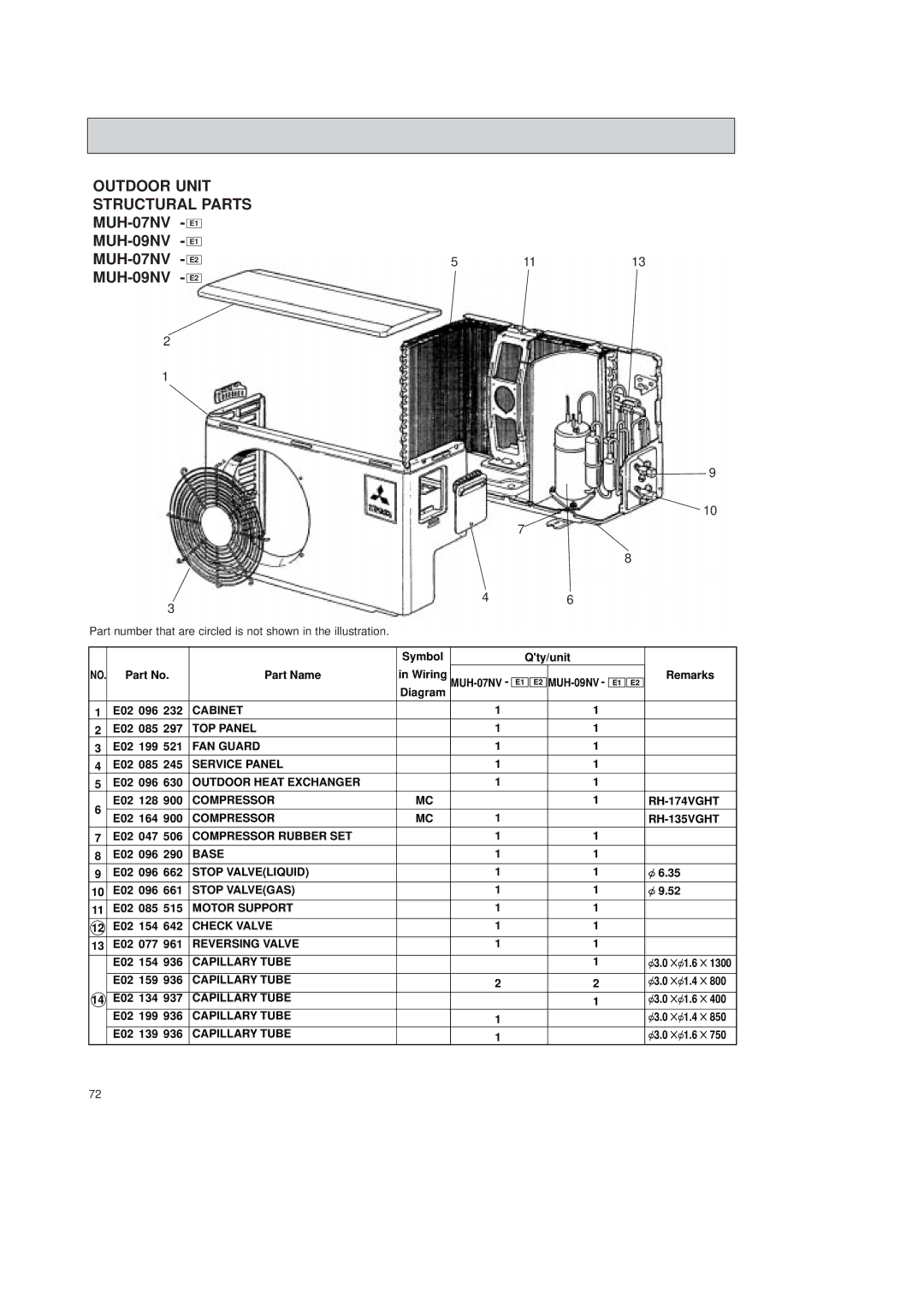 Mitsubishi Electronics MSH-09NV Cabinet, TOP Panel, FAN Guard, Service Panel, Outdoor Heat Exchanger, Base, Stop Valvegas 