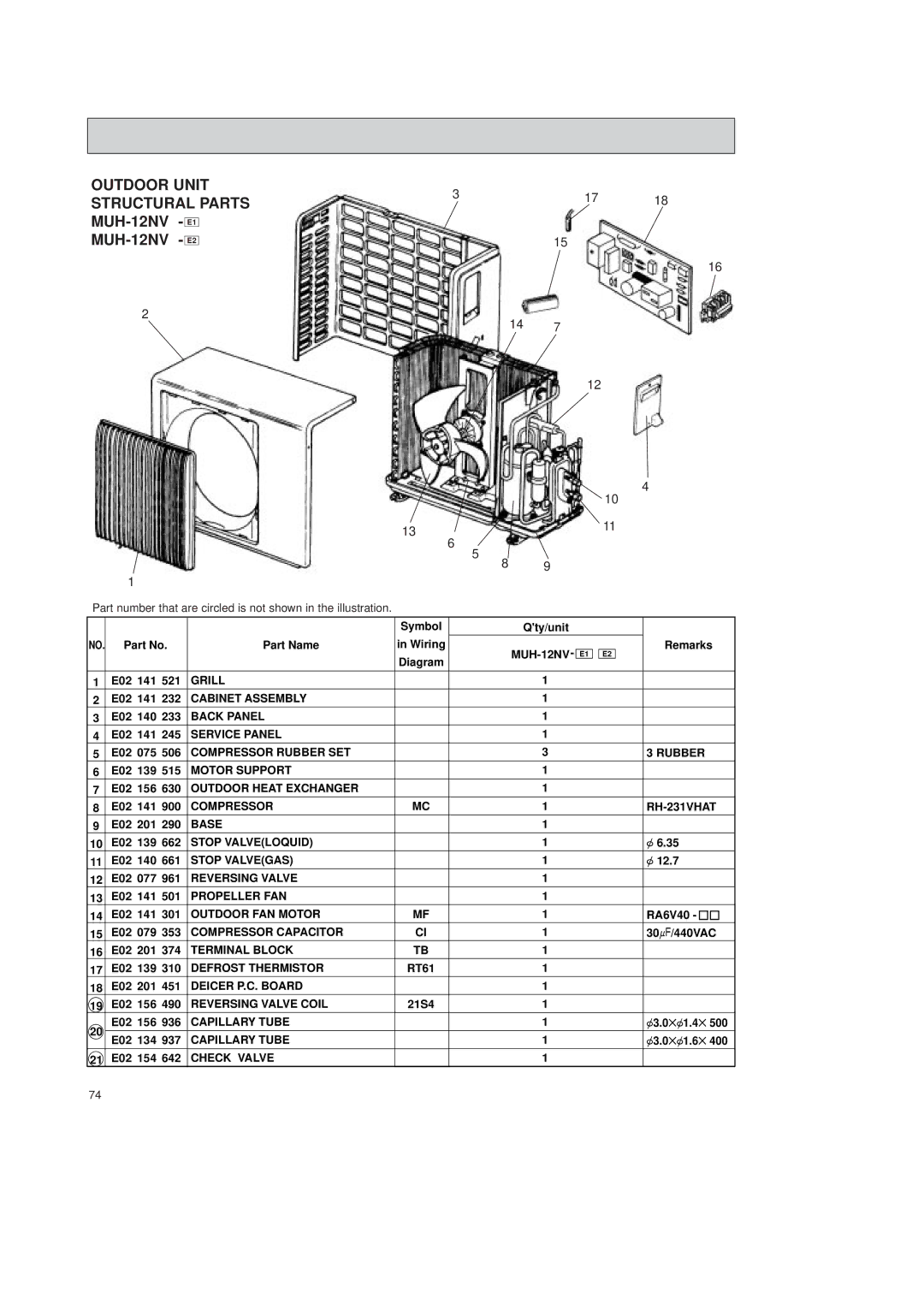 Mitsubishi Electronics MSH-24NV, MSH-07NV, MSH-12NV, MSH-09NV, MSH-18NV Outdoor Unit Structural Parts MUH-12NV E1 MUH-12NV E2 