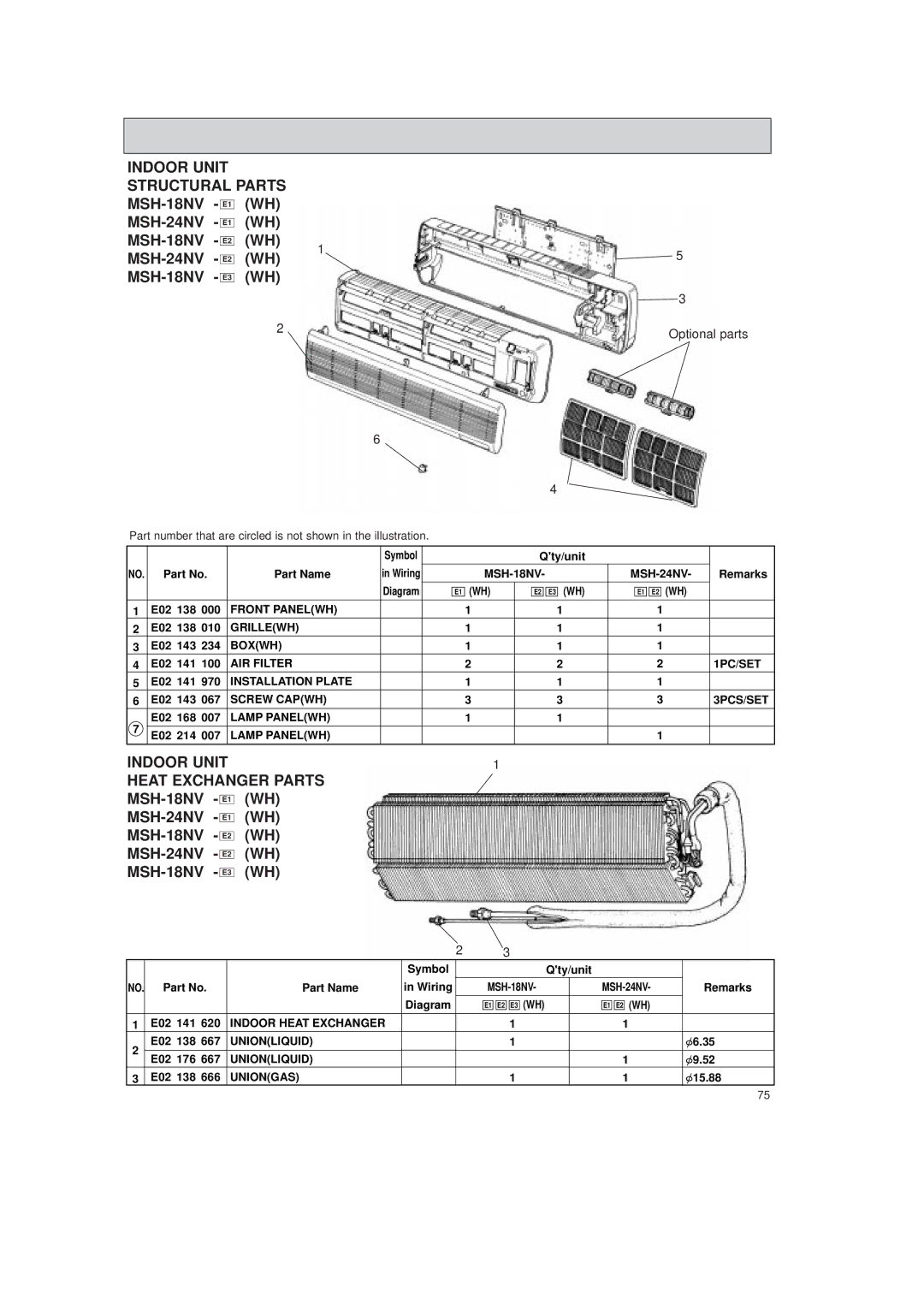 Mitsubishi Electronics MSH-07NV, MSH-12NV, MSH-09NV service manual Indoor Unit Structural Parts MSH-18NV E1 WH MSH-24NV E1 WH 