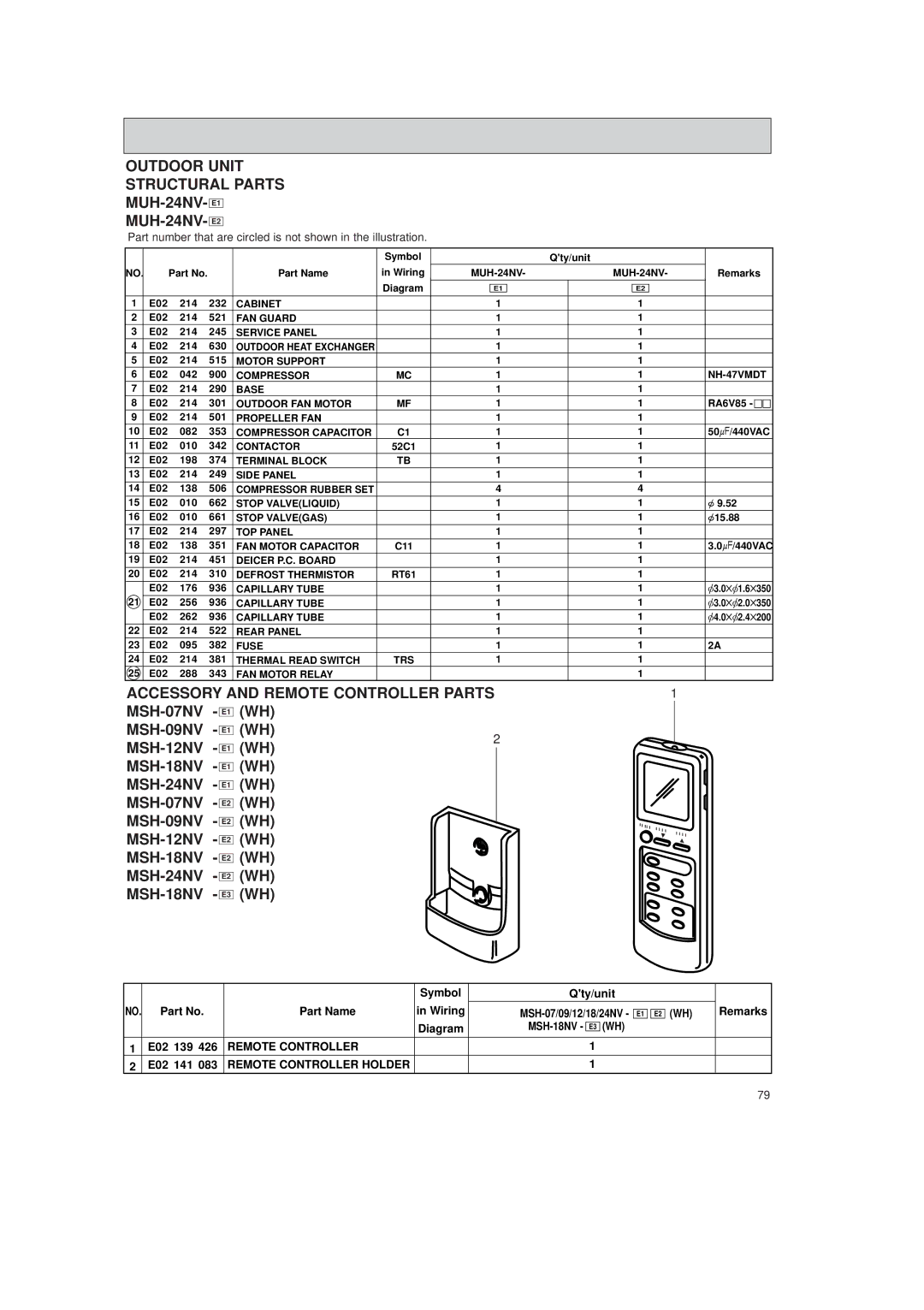 Mitsubishi Electronics MSH-24NV, MSH-07NV, MSH-12NV Outdoor Unit Structural Parts, Accessory and Remote Controller Parts 