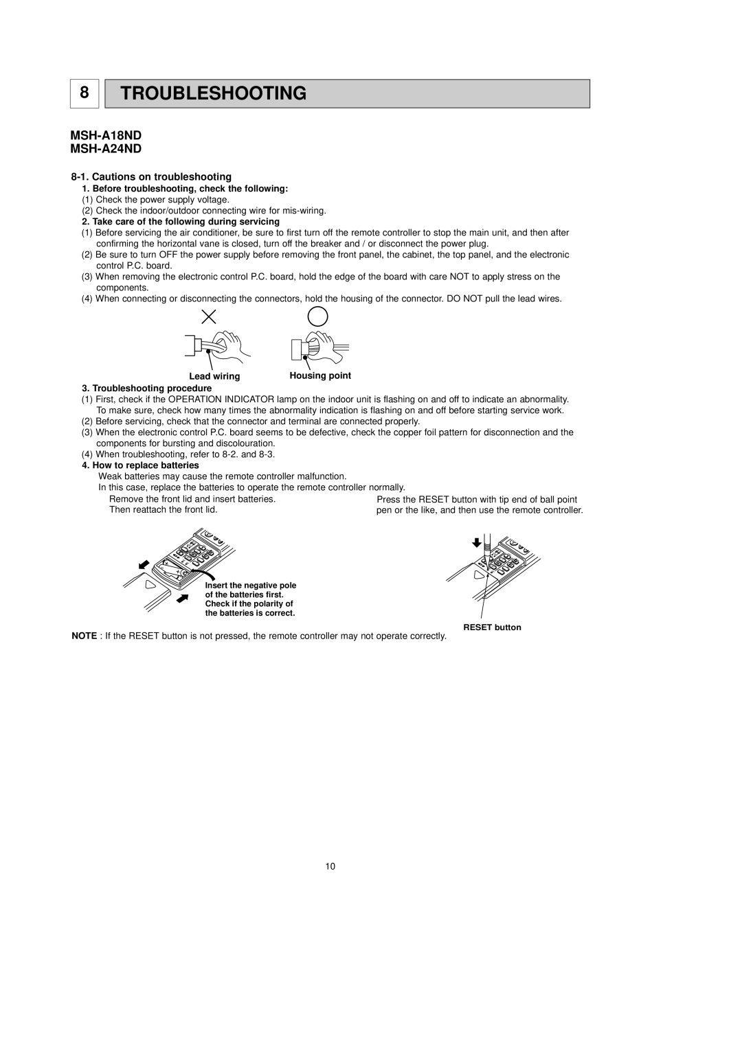 Mitsubishi Electronics MSH-A18ND service manual Troubleshooting, Take care of the following during servicing 