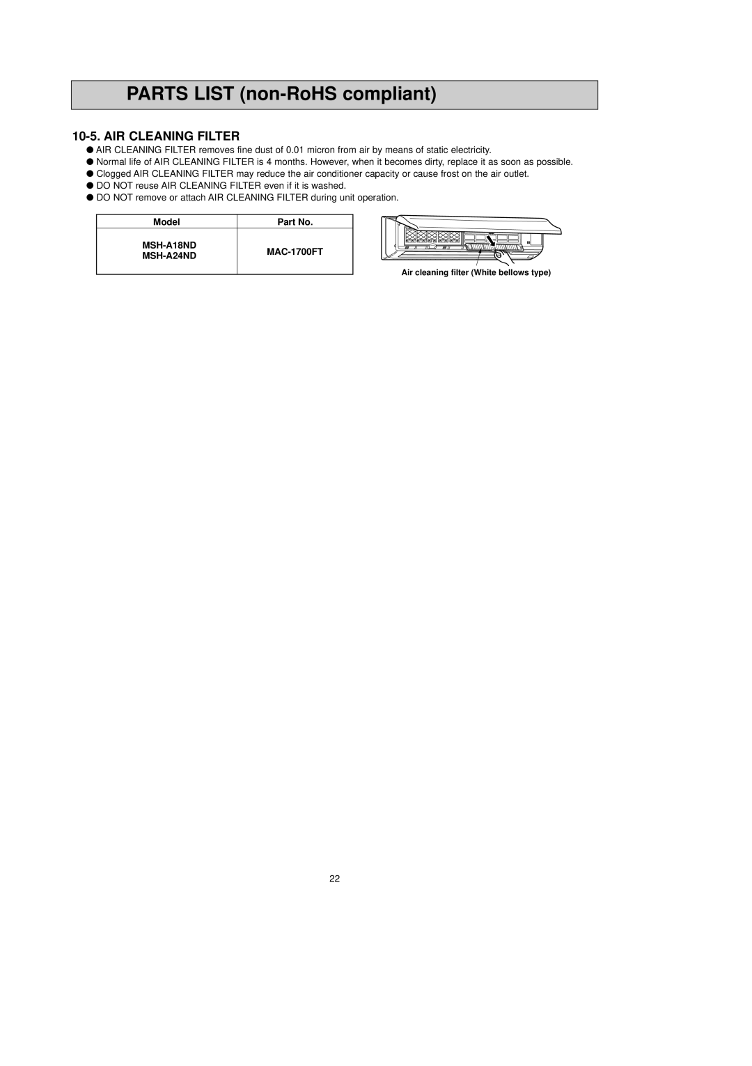 Mitsubishi Electronics MSH-A18ND service manual AIR Cleaning Filter 