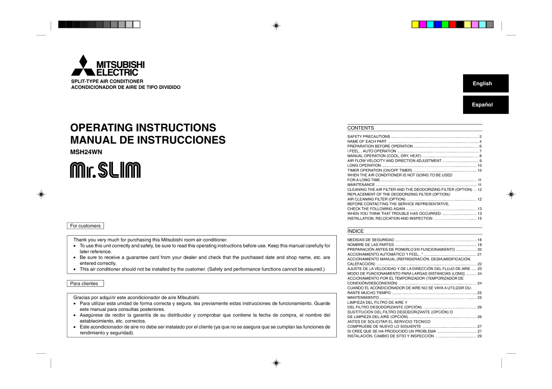 Mitsubishi Electronics MSH24WN operating instructions Operating Instructions Manual DE Instrucciones, English Español 