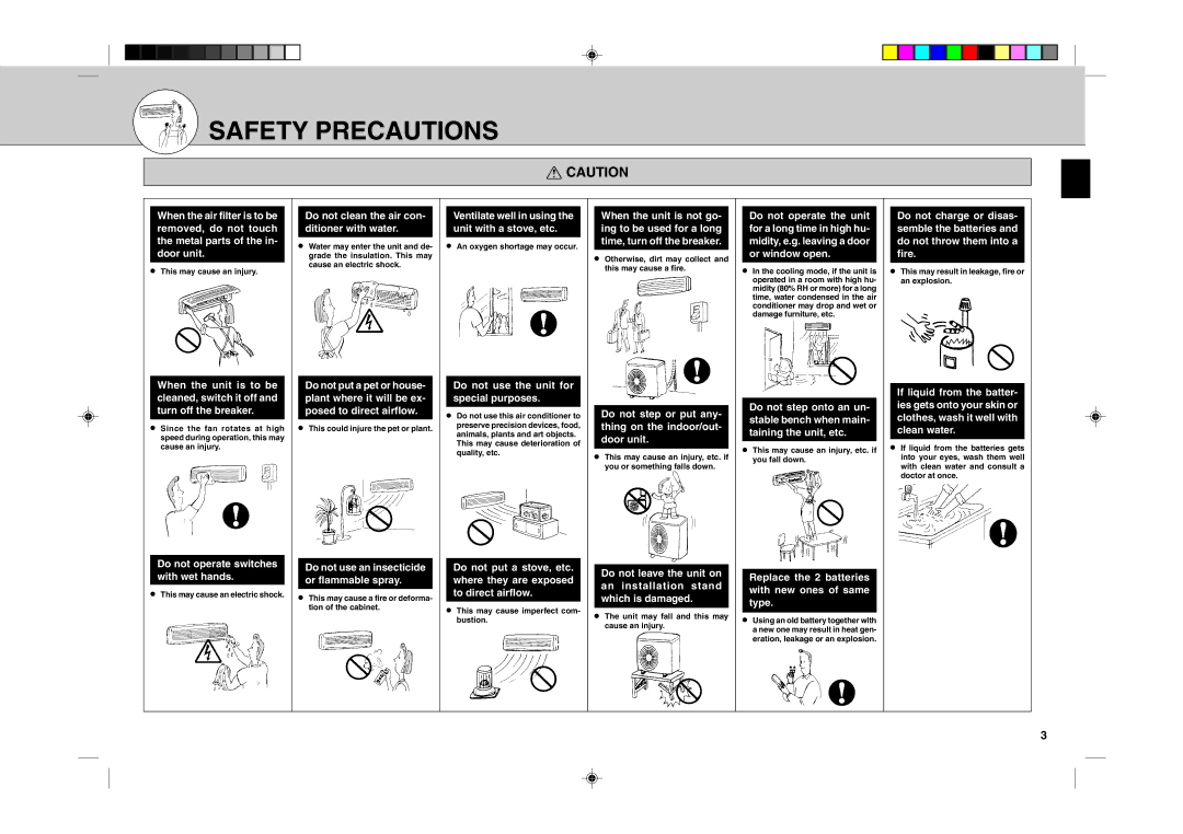 Mitsubishi Electronics MSH24WN Do not operate switches with wet hands, Do not clean the air con- ditioner with water 